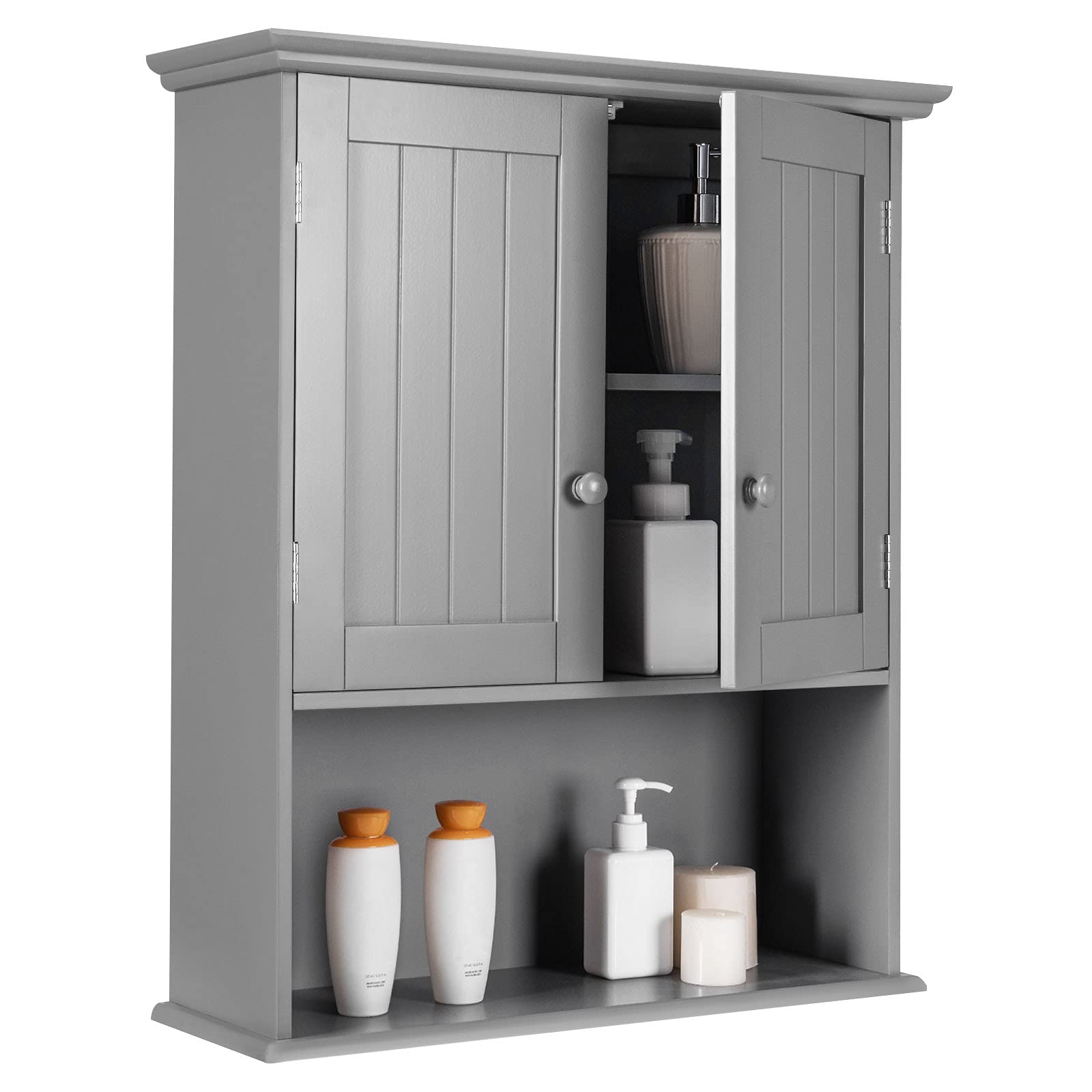 Wall Mount Bathroom Cabinet Storage Organizer with Doors and Shelves-Gray