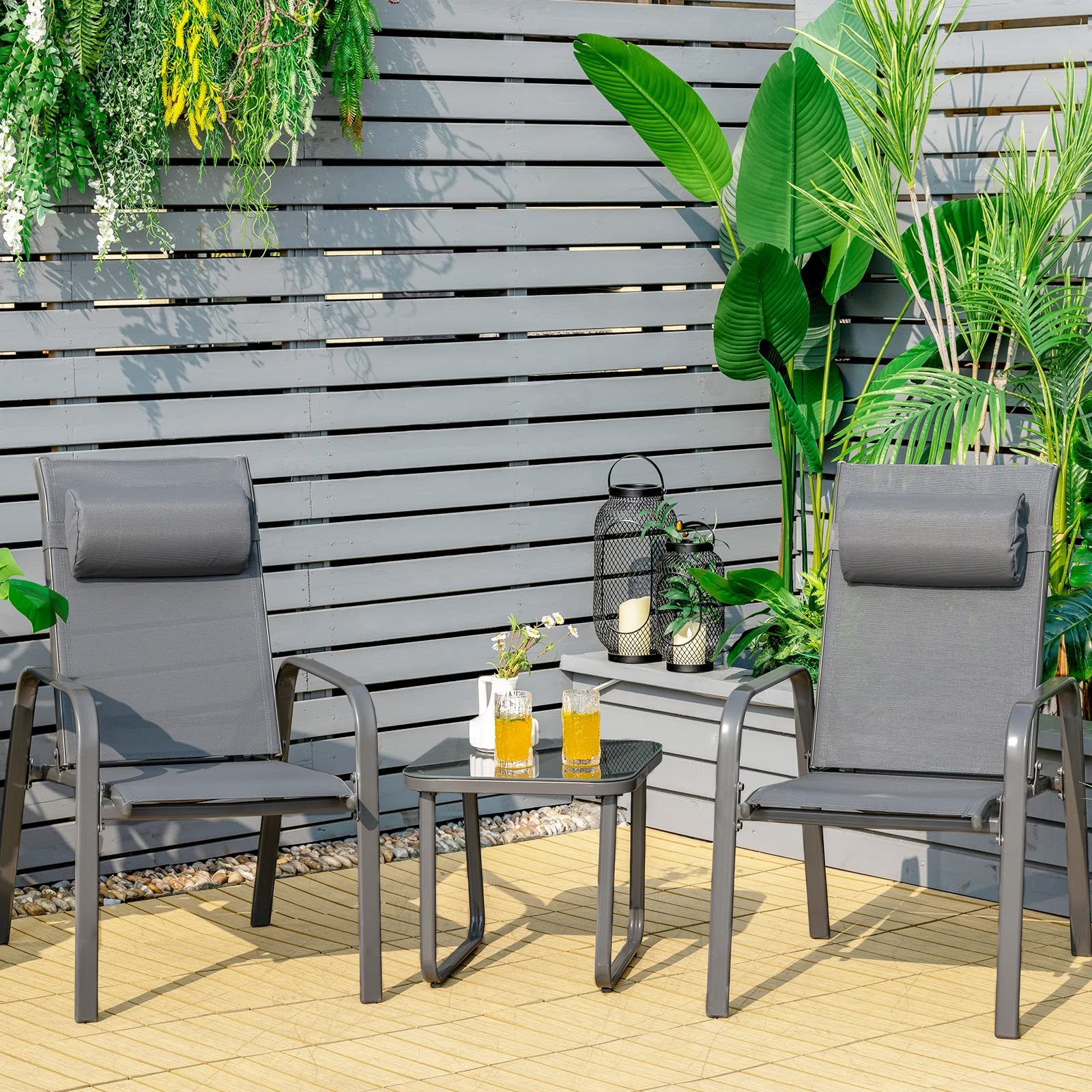 3 Pieces Stackable Patio Bistro Conversation Set with Adjustable Backrest