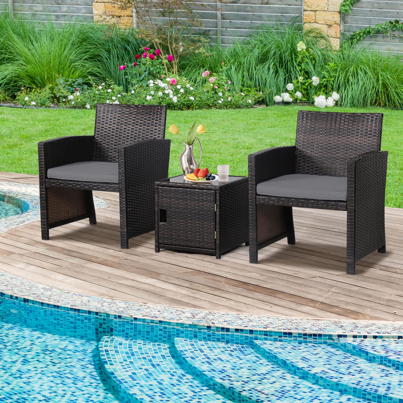 3 Pieces Patio Wicker Furniture Set with Storage Table and Protective Cover