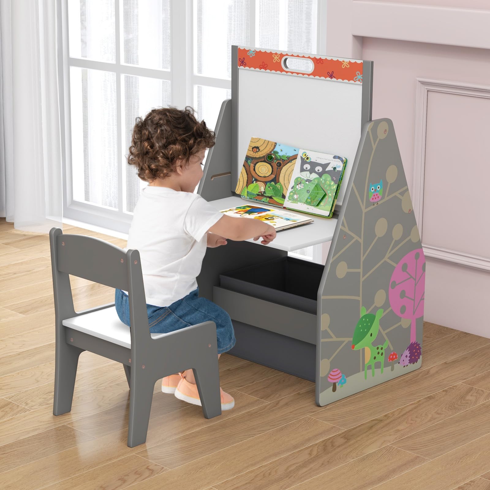 3 in 1 Kids Easel and Play Station Convertible with Chair and Storage Bins