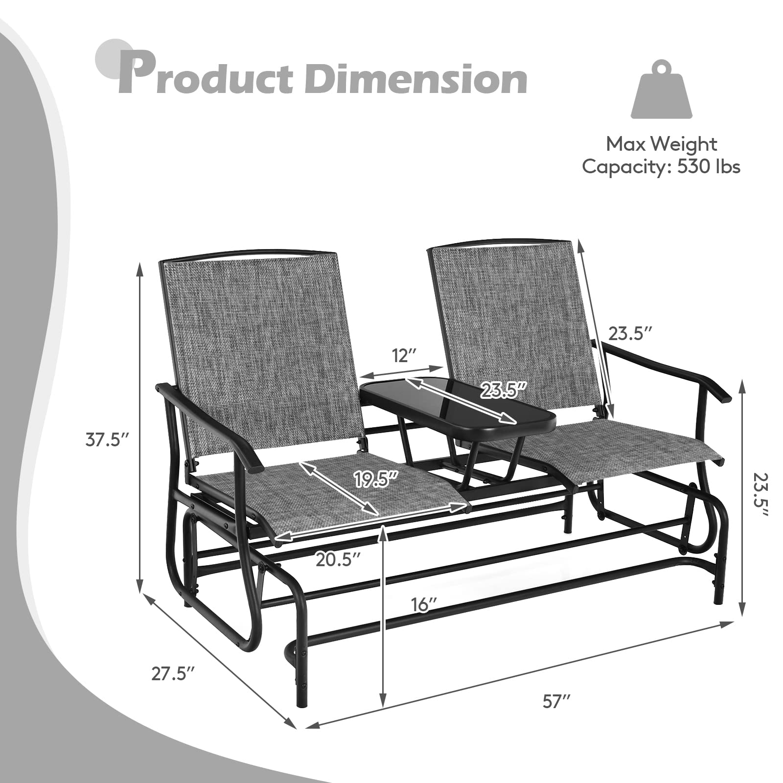 SUGIFT 2-Person Double Rocking Loveseat with Mesh Fabric and Center Tempered Glass Table