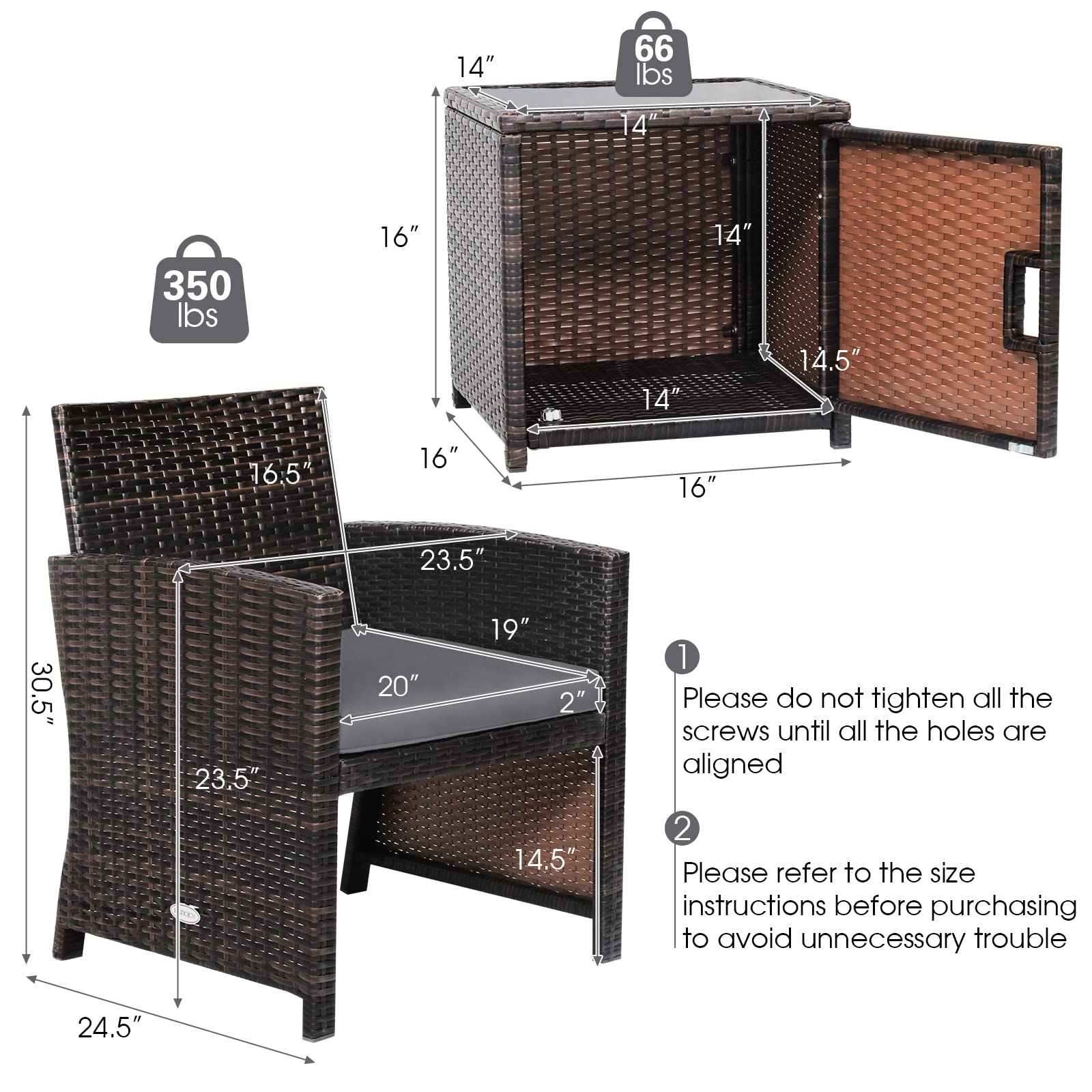 3 Pieces Patio Wicker Furniture Set with Storage Table and Protective Cover