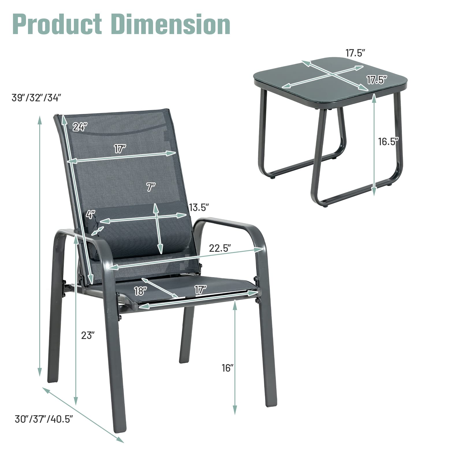 3 Pieces Stackable Patio Bistro Conversation Set with Adjustable Backrest