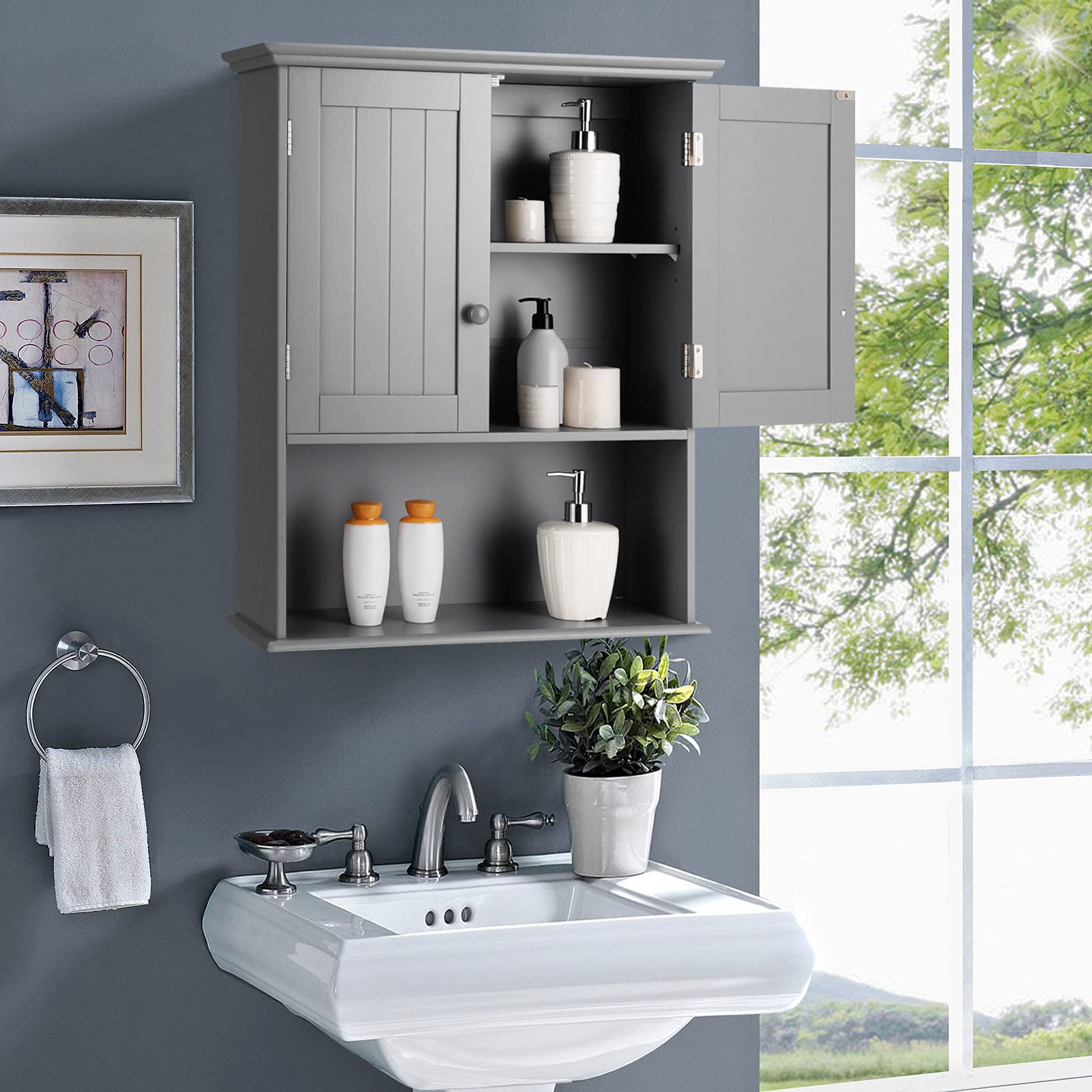 Wall Mount Bathroom Cabinet Storage Organizer with Doors and Shelves-Gray