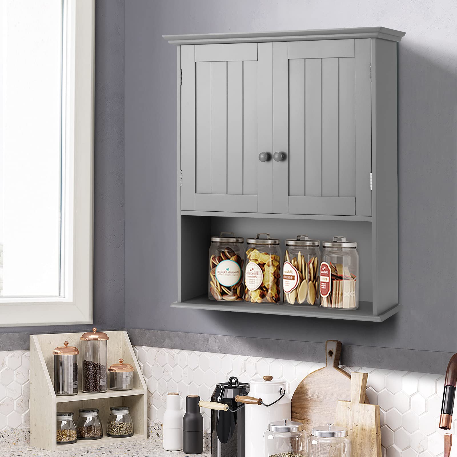 Wall Mount Bathroom Cabinet Storage Organizer with Doors and Shelves-Gray