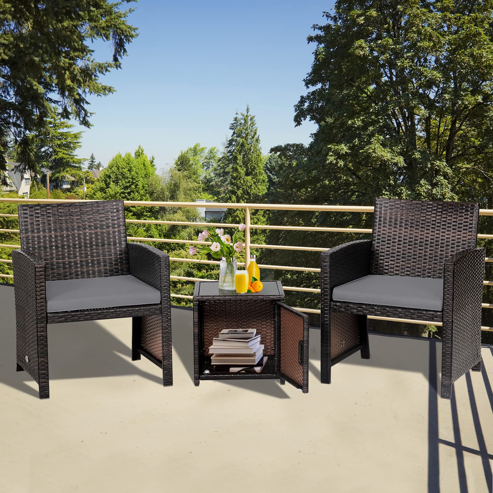 3 Pieces Patio Wicker Furniture Set with Storage Table and Protective Cover