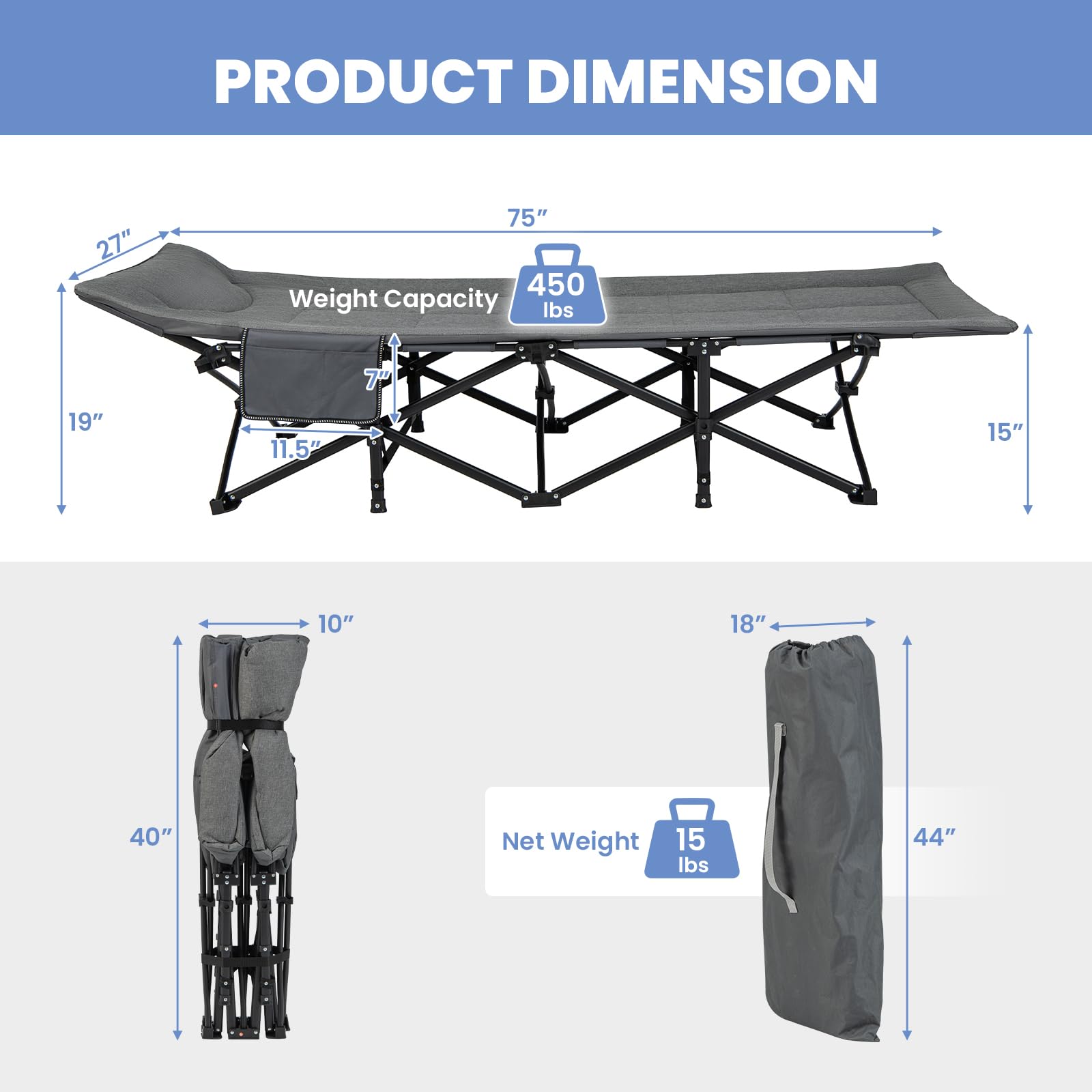 SUGIFT Folding Camping Cot with Carry Bag Cushion and Headrest