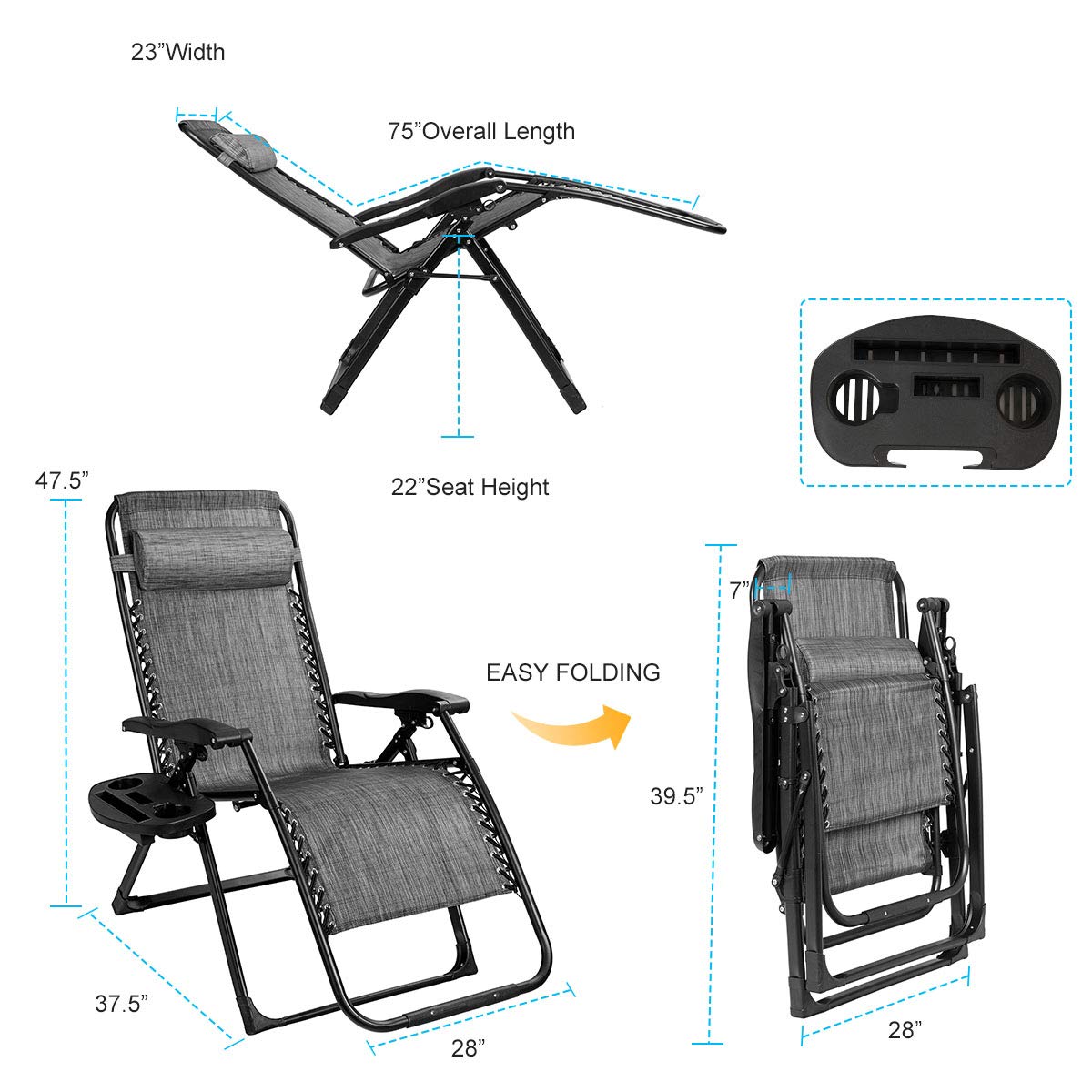 SUGIFT Oversize Lounge Chair with Cup Holder of Heavy Duty for outdoor
