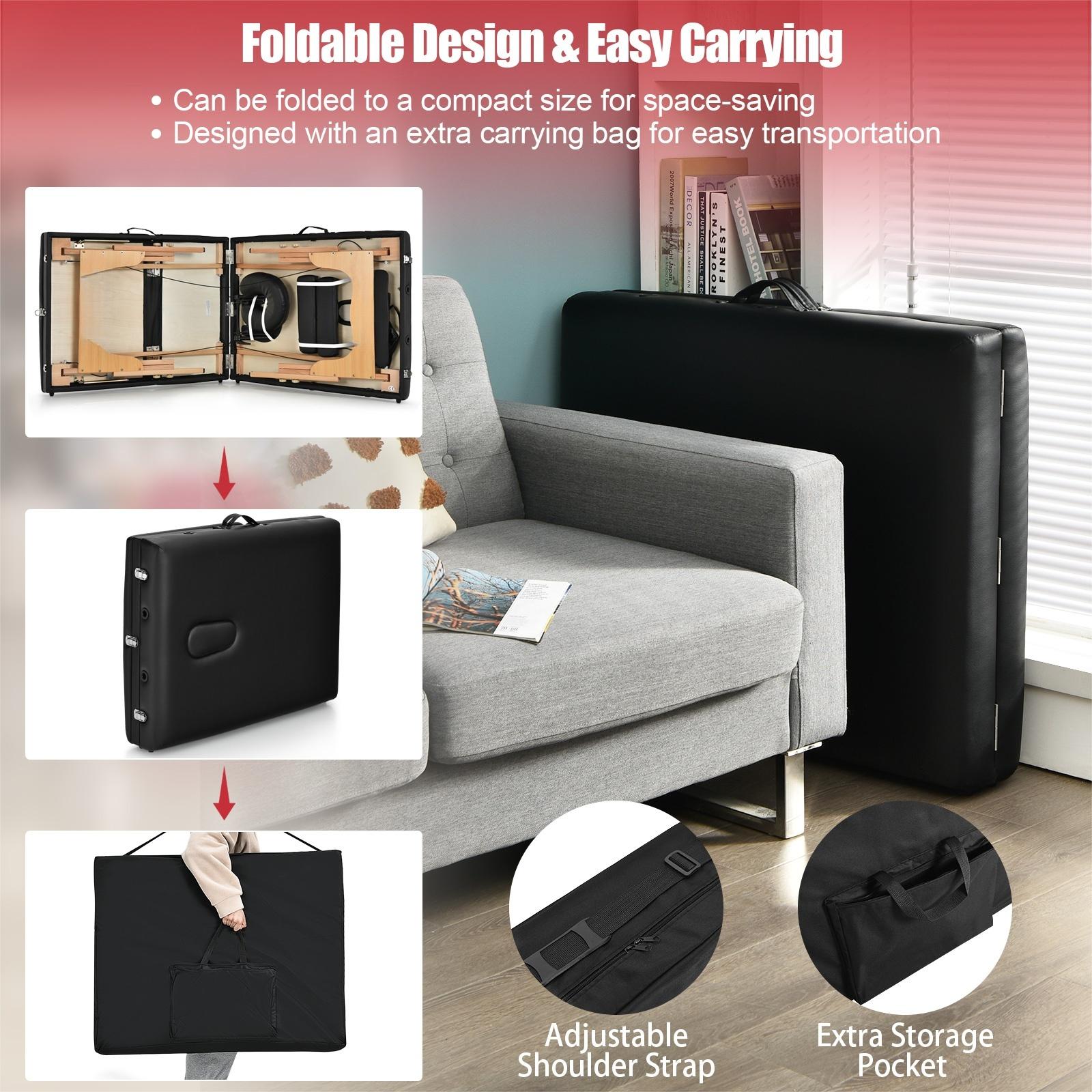 3 Fold Portable Adjustable Massage Table with Carry Case-Black