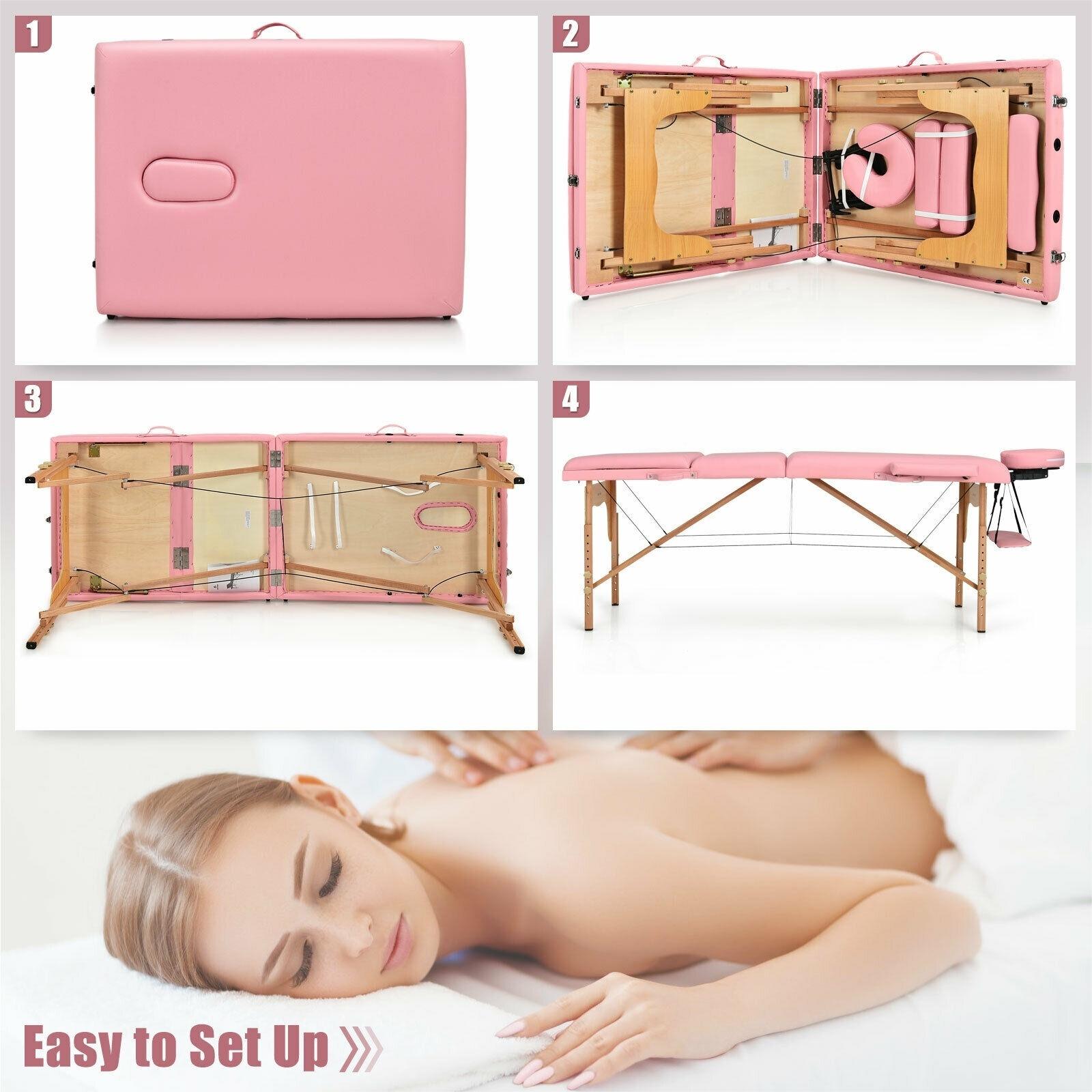 3 Fold Portable Adjustable Massage Table with Carry Case-Pink