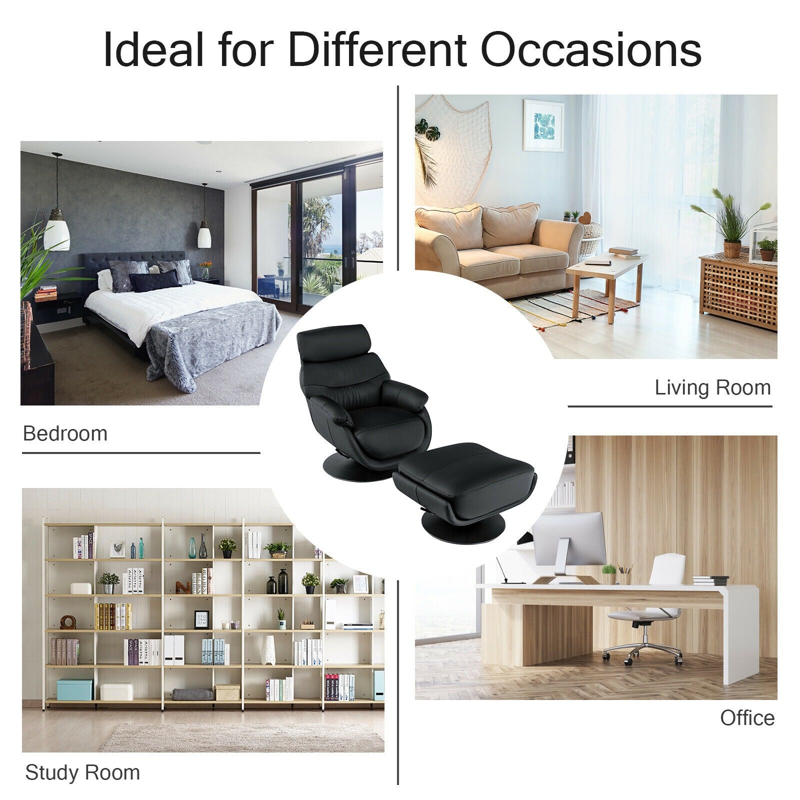 360 Swivel Leather Lounge Chair with Ottoman and Thick Footstool