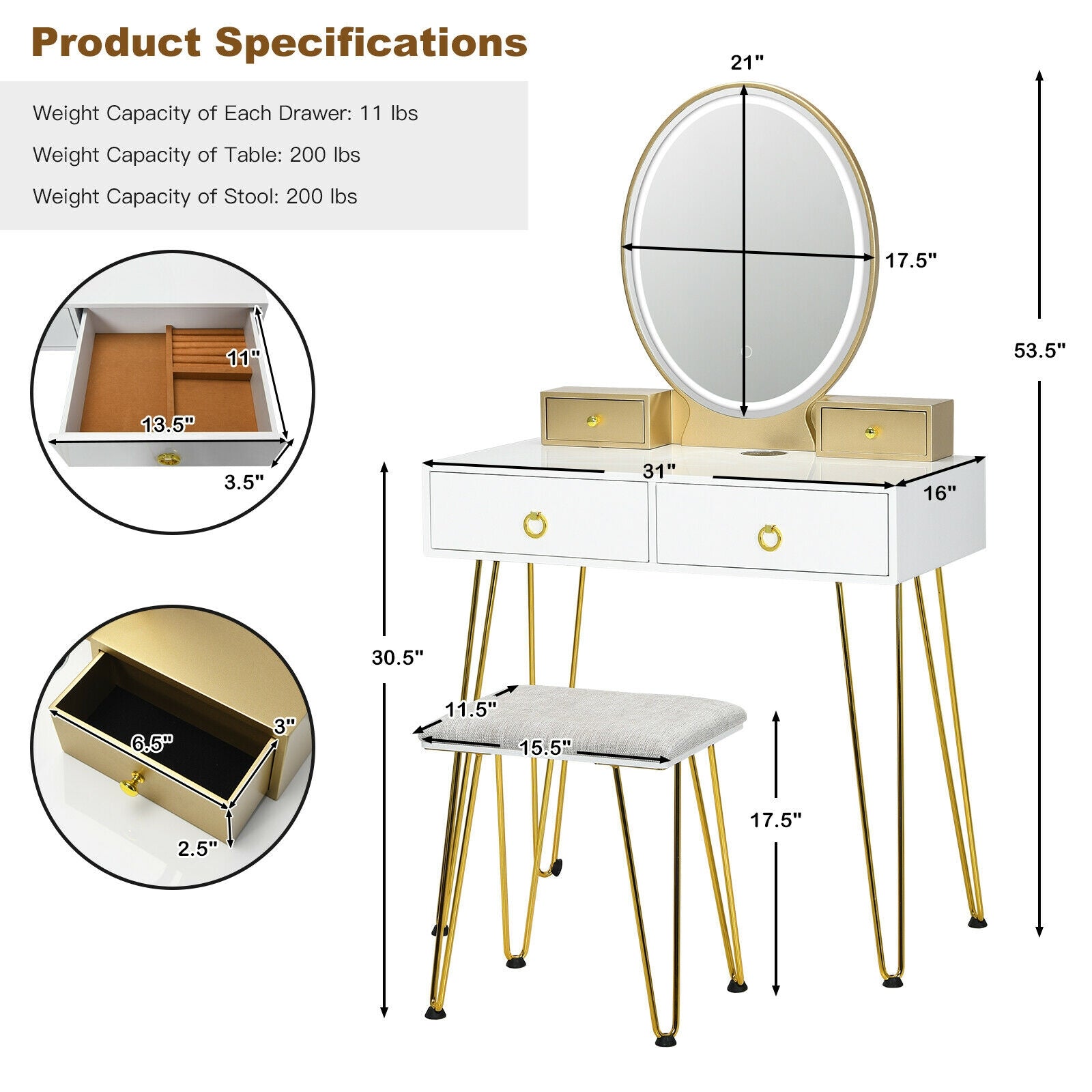 SUGIFT Vanity Table Set with 3-Color Lighted Dimmable Mirror