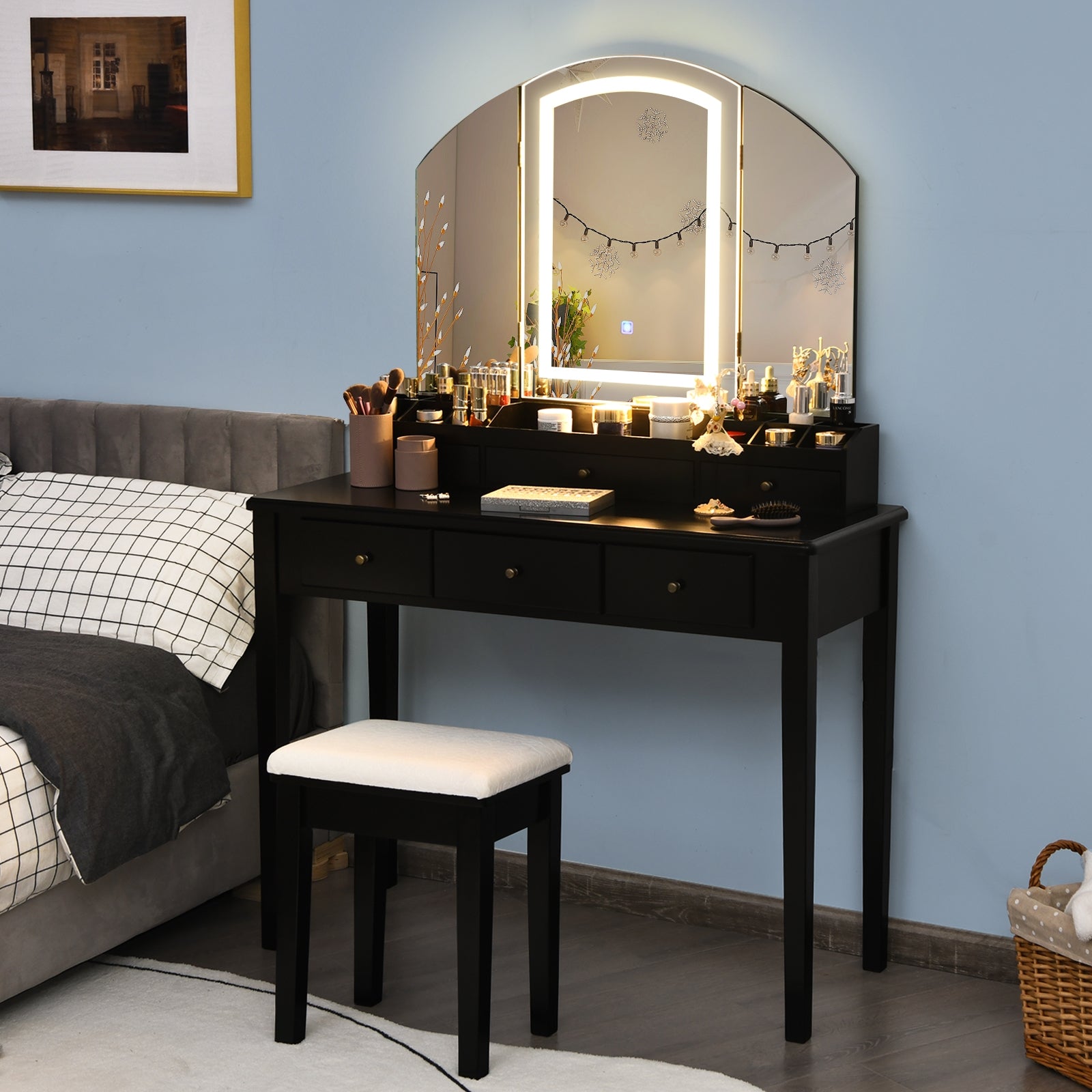 SUGIFT Vanity Table Stool Set with Large Tri-folding Lighted Mirror