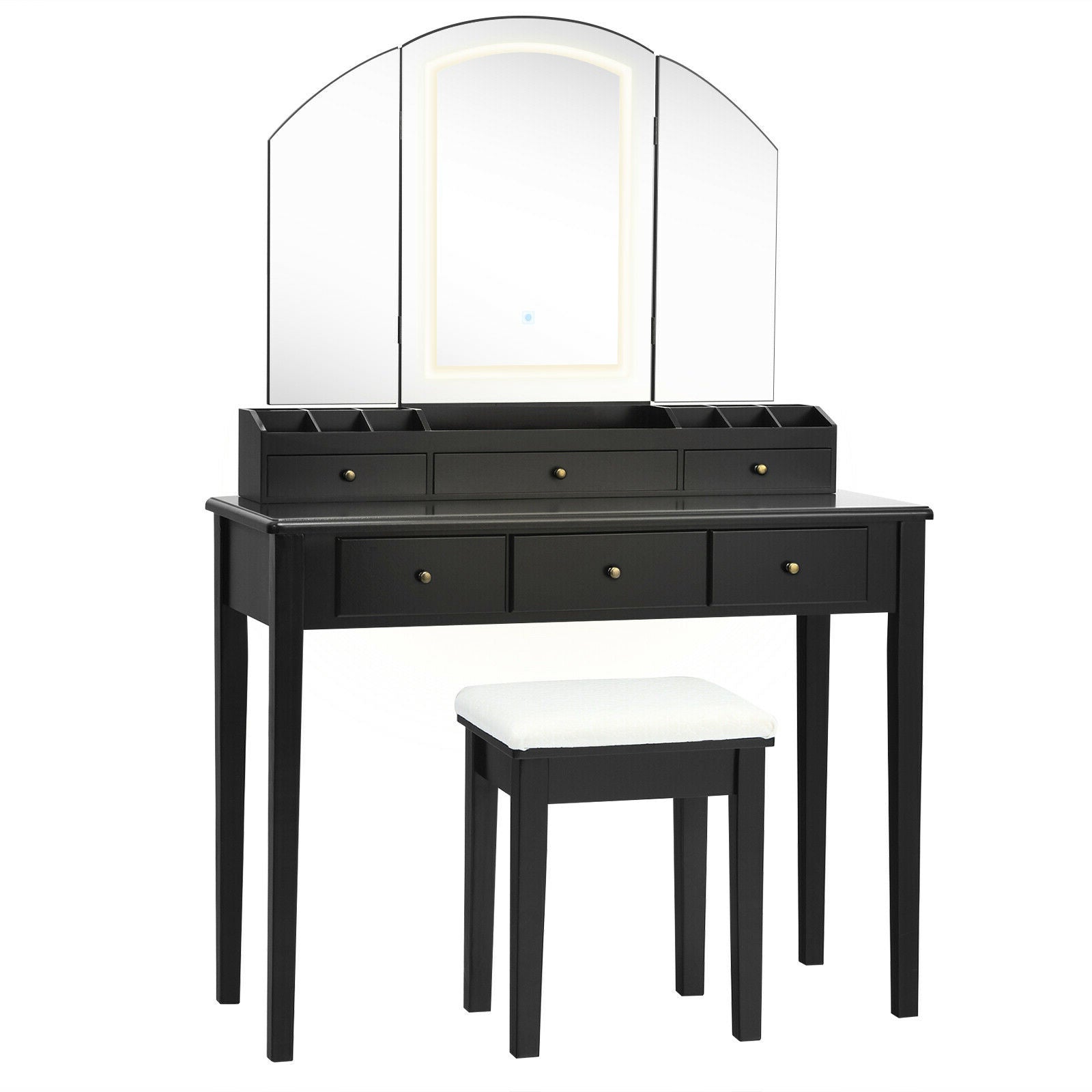 SUGIFT Vanity Table Stool Set with Large Tri-folding Lighted Mirror