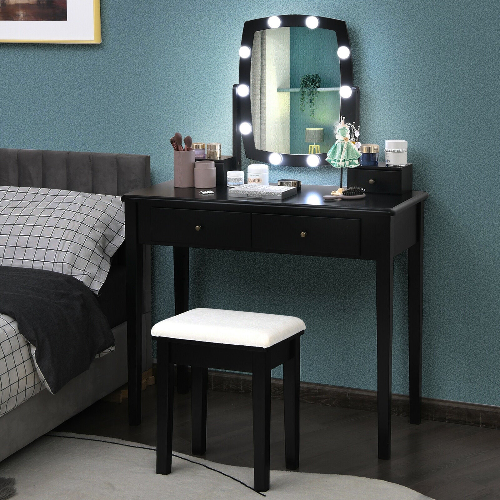 SUGIFT Vanity Table Set with Lighted Mirror for Bedroom and Dressing Room