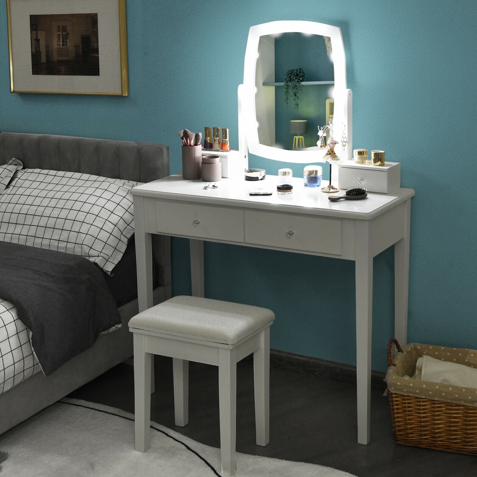 SUGIFT Vanity Table Set with Lighted Mirror for Bedroom and Dressing Room