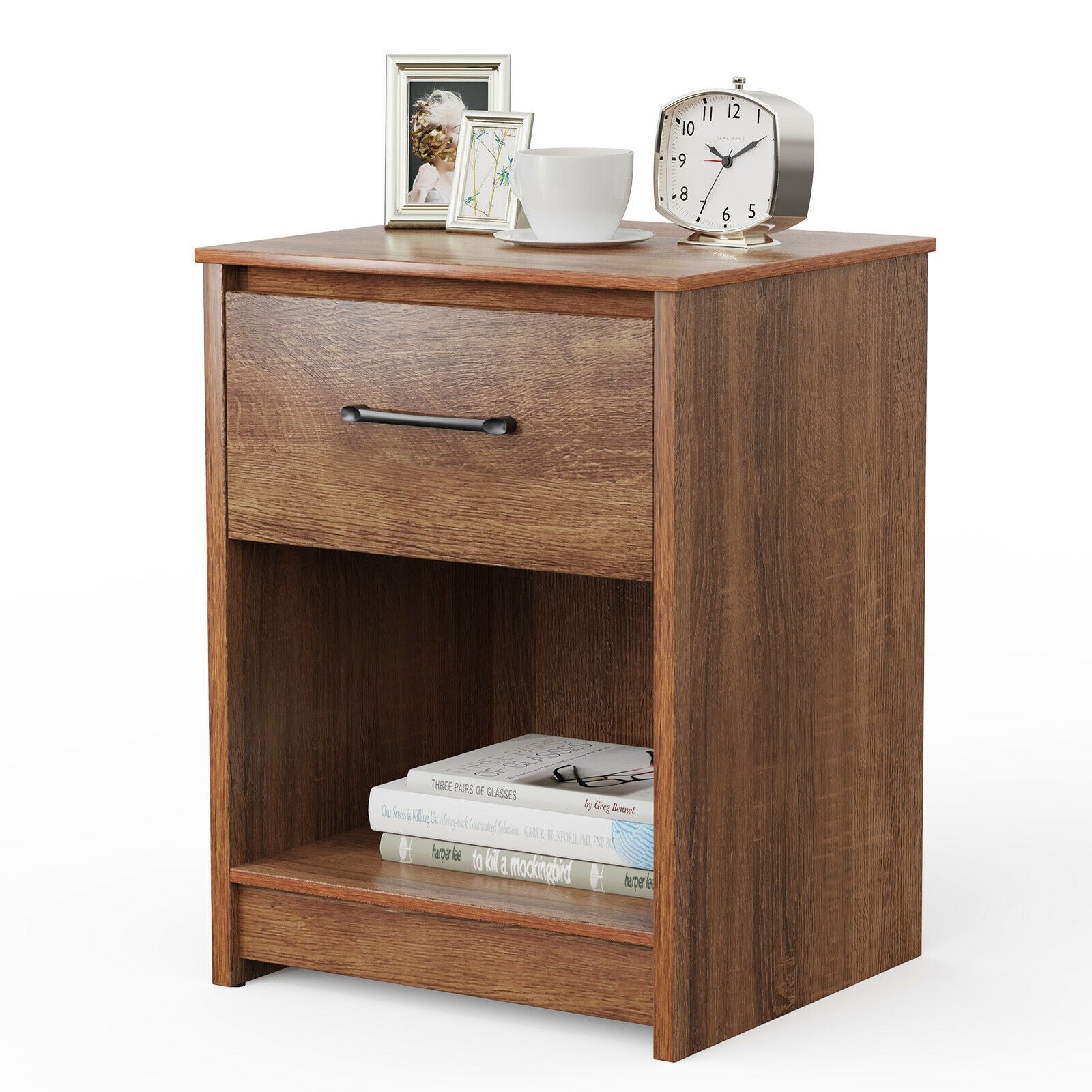 Wooden Nightstand with Drawer and Open Storage Compartment-Brown