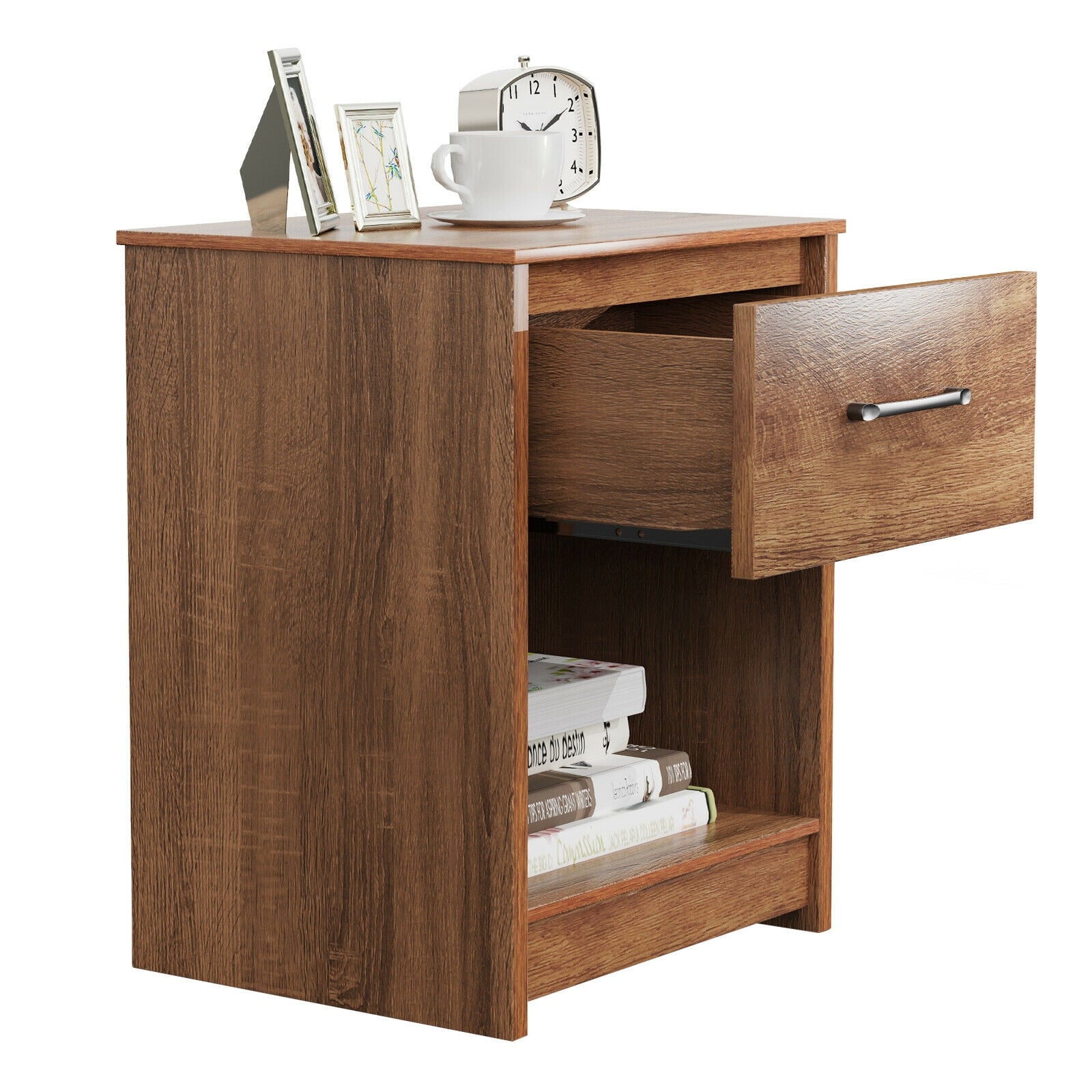 Wooden Nightstand with Drawer and Open Storage Compartment-Brown