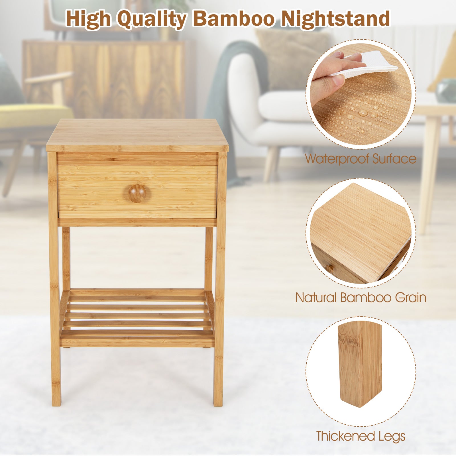 SUGIFT Set of 2 Bamboo End Tables with Drawer and Open Shelf