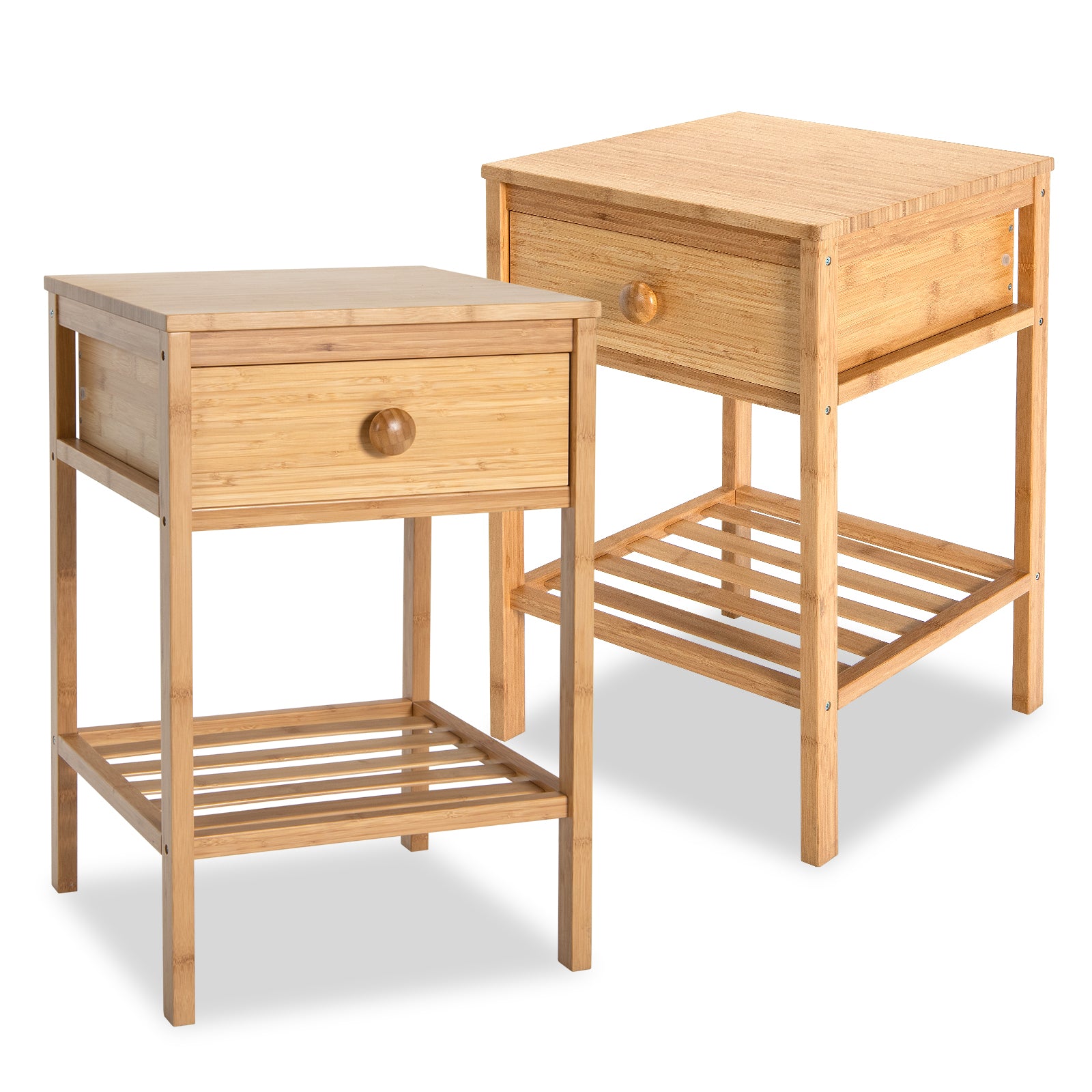 SUGIFT Set of 2 Bamboo End Tables with Drawer and Open Shelf