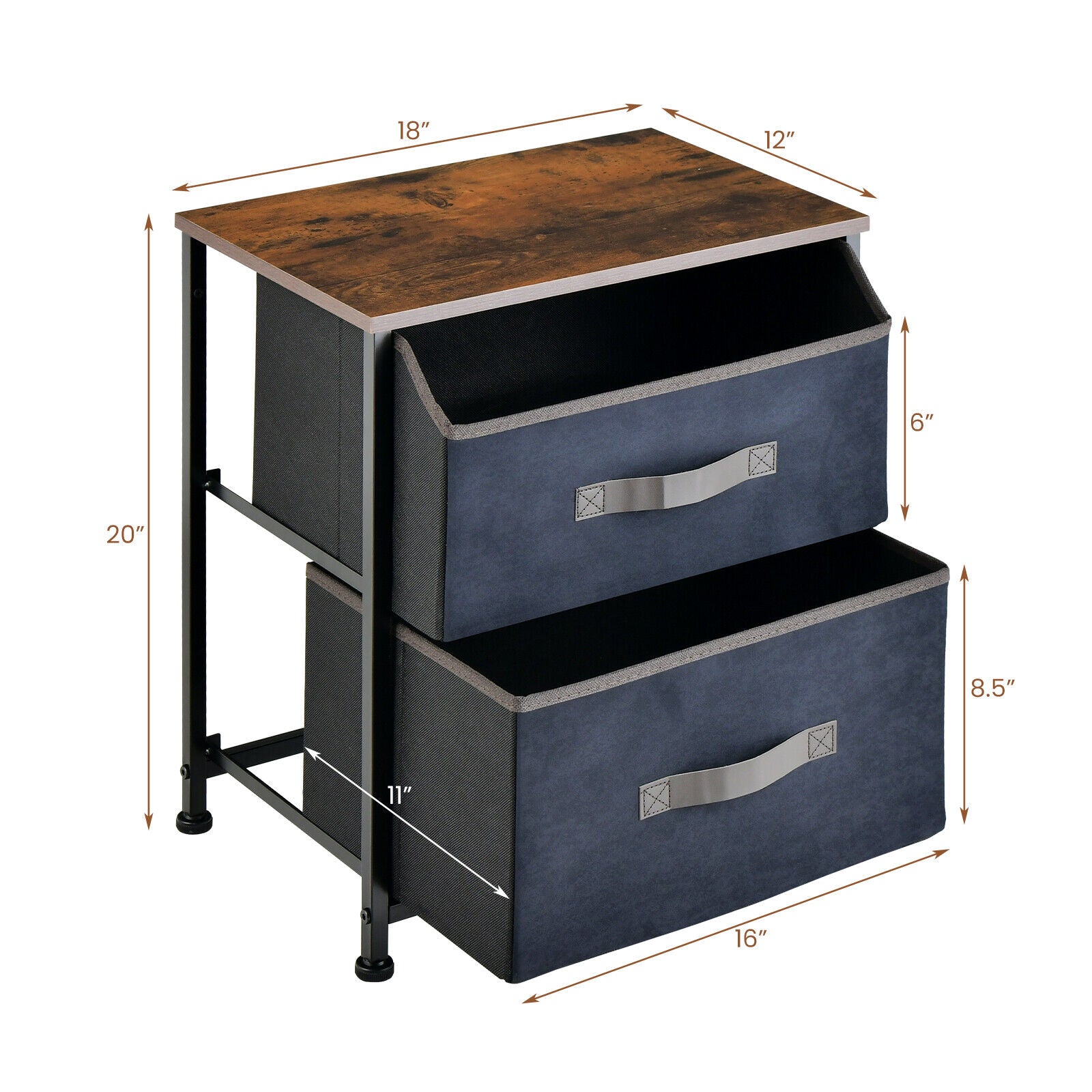 SUGIFT 20 Inch Height Industrial Nightstand with 2 Pull-out Fabric Drawers
