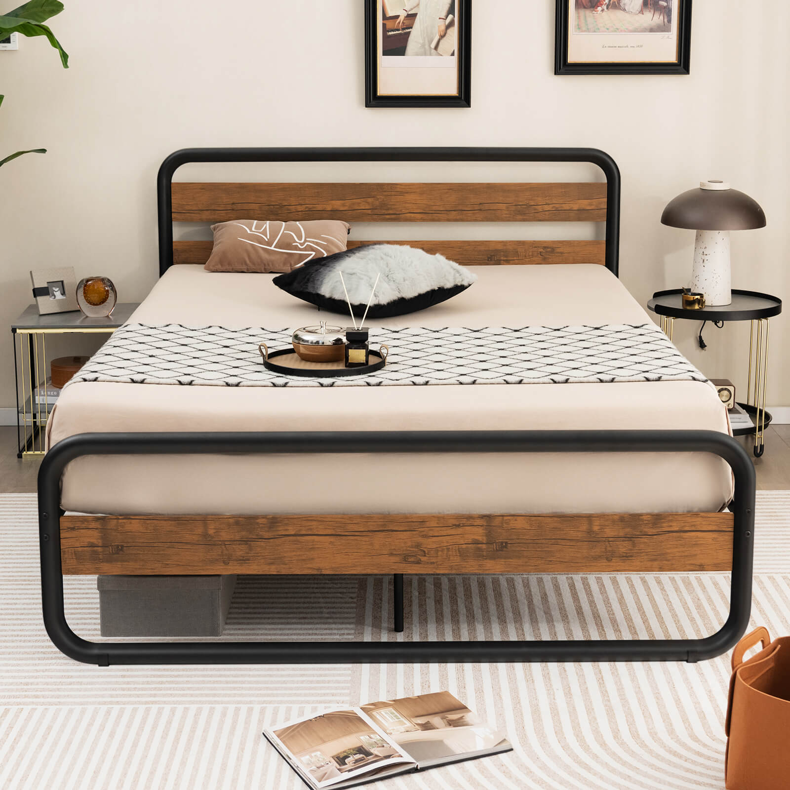 SUGIFT Queen Size Arc Platform Bed with Headboard and Footboard
