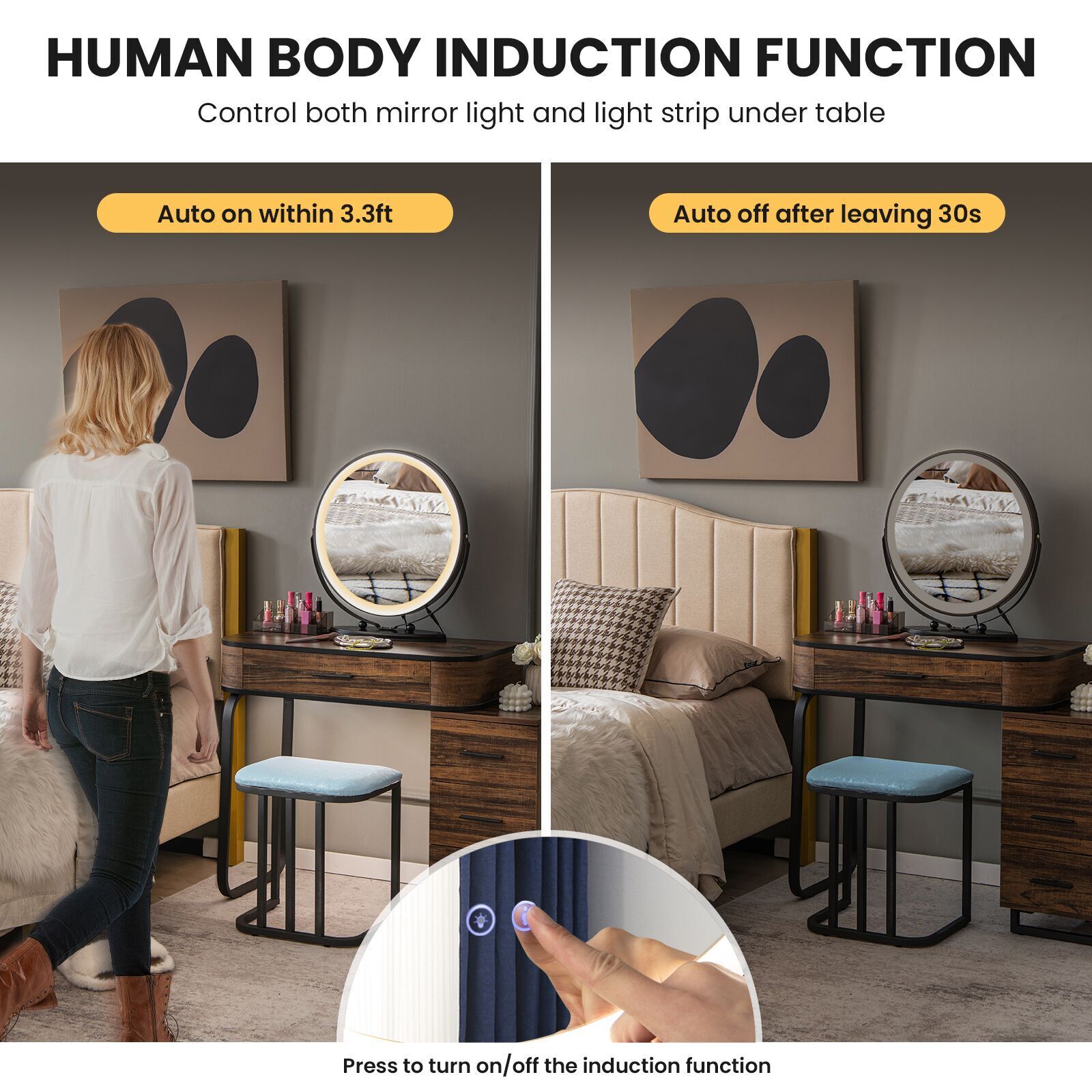 Vanity Table Set with 3-Color Lighted Mirror and Charging Station