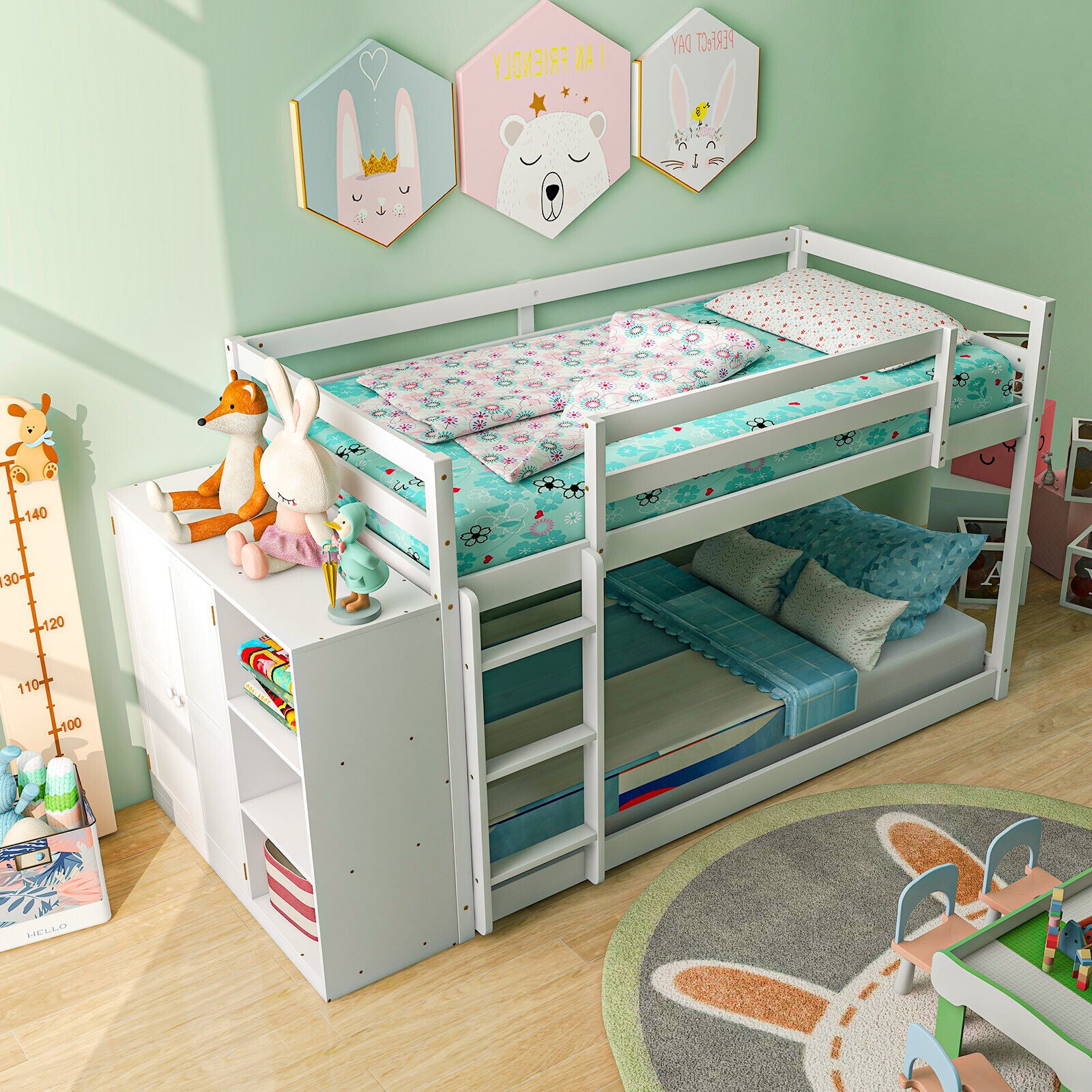 Twin Size Bunk Bed with Convertible Bookcase and Ladder