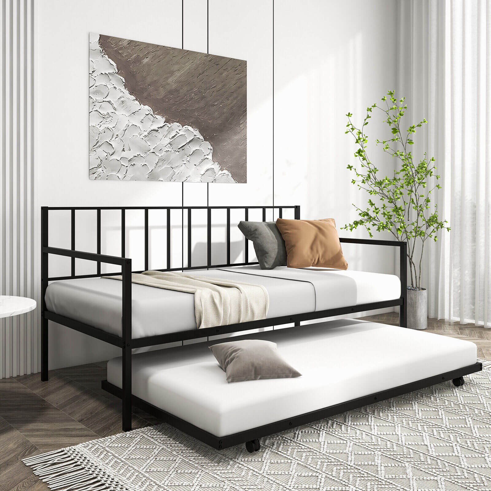 SUGIFT Twin Daybed Set with Metal Slat Support and Roll-Out Trundle