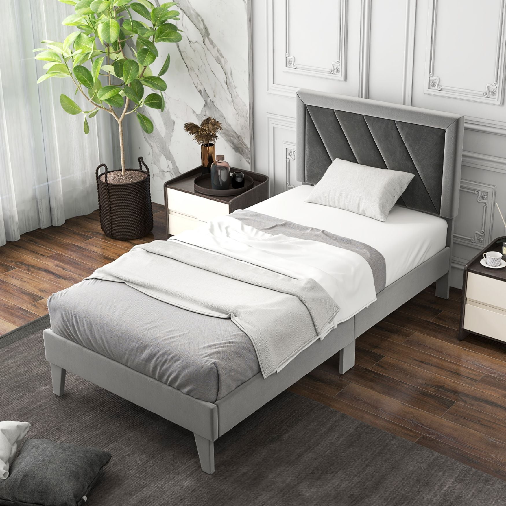 SUGIFT Twin Platform Bed with High Headboard and Wooden Slats