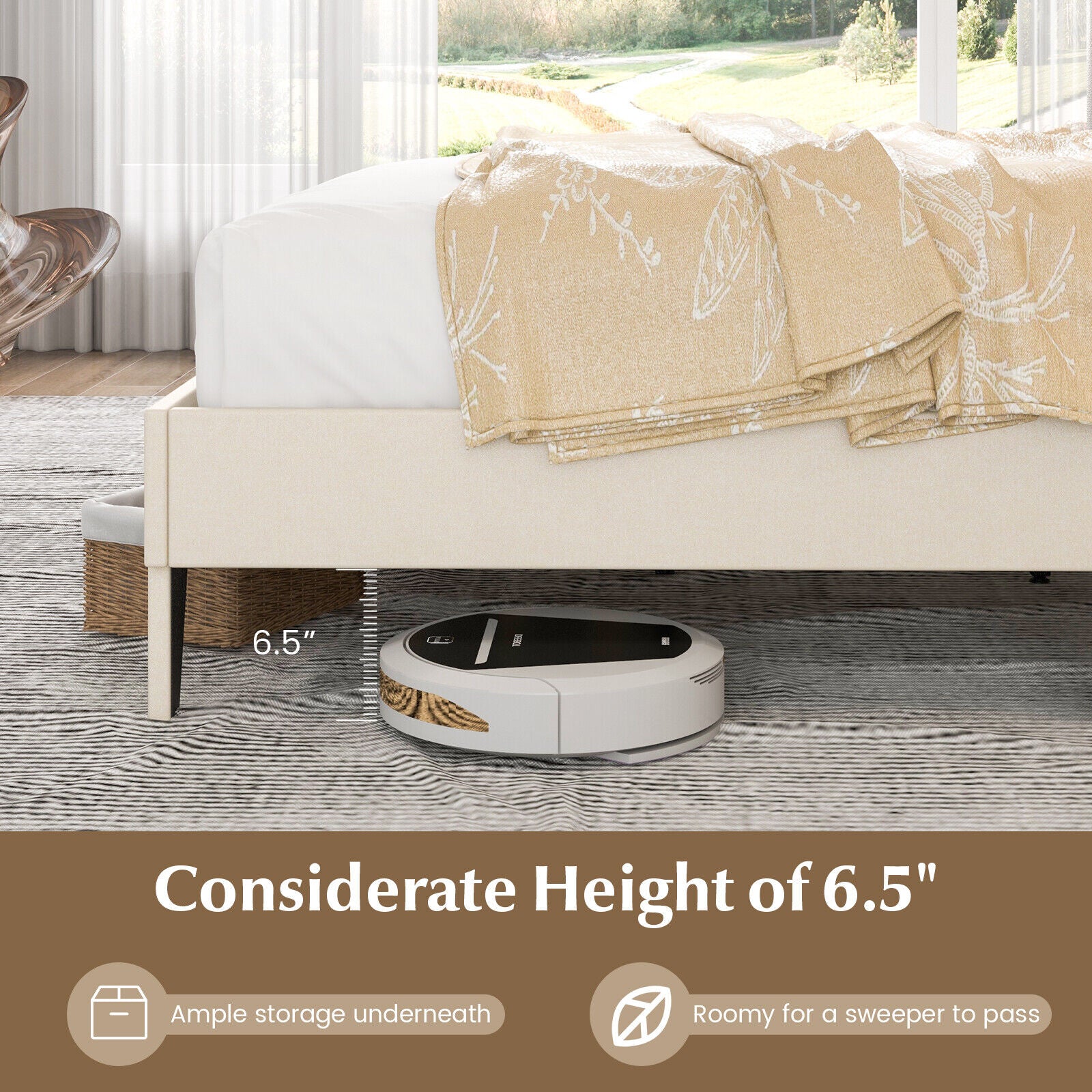 SUGIFT Full/Queen Size Bed Frame with Nail Headboard and Wooden Slats