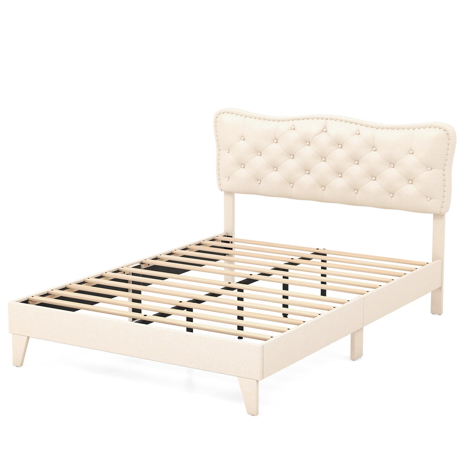 SUGIFT Full/Queen Size Bed Frame with Nail Headboard and Wooden Slats