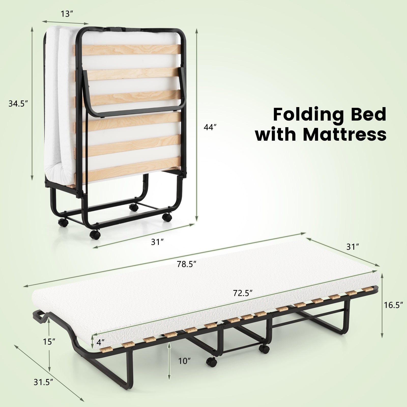 SUGIFT Twin Size Folding Bed with Foam Mattress and Lockable Wheels