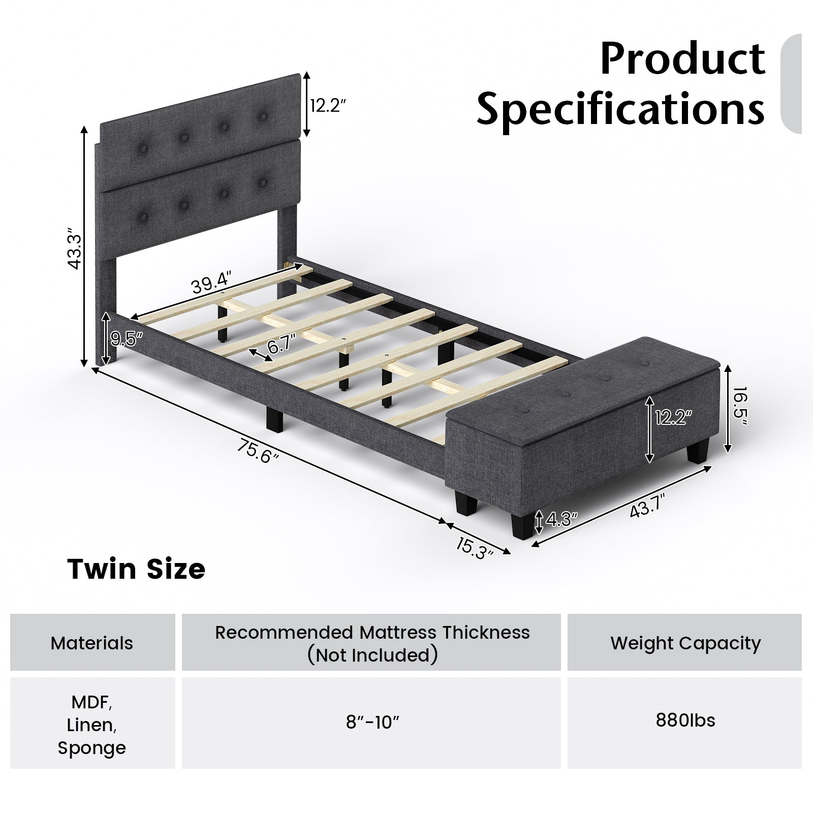 Twin Upholstered Bed Frame with Ottoman Storage-Twin Size