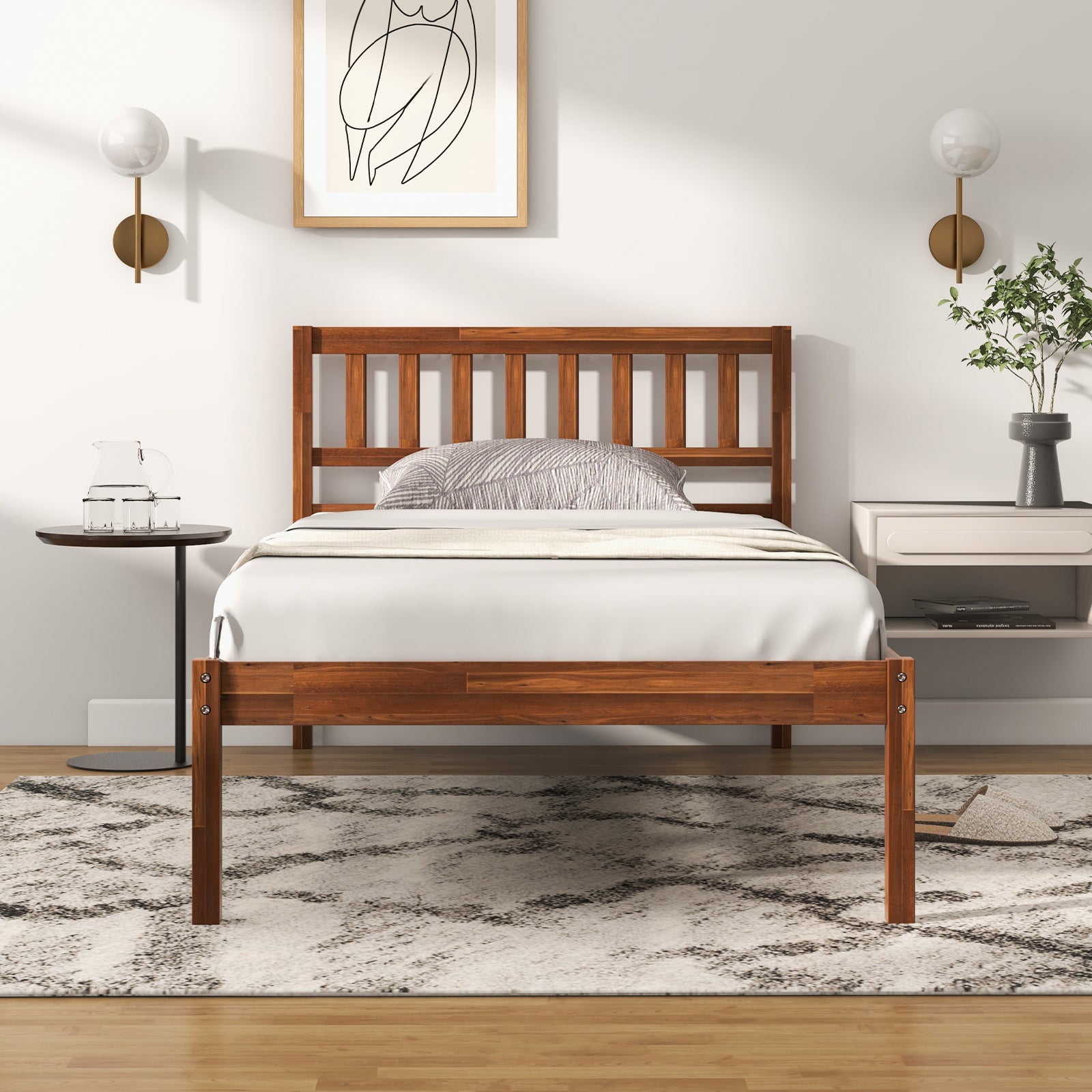 Twin Size Wood Bed Frame with Headboard and Slat Support