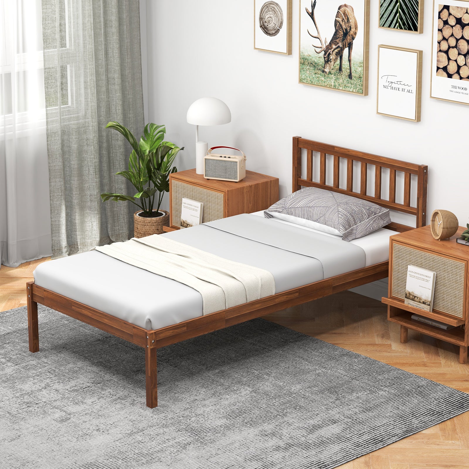 Twin Size Wood Bed Frame with Headboard and Slat Support