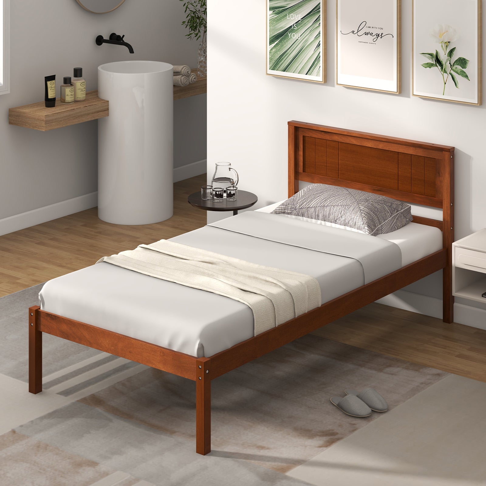 Twin Size Bed Frame with Wooden Headboard and Slat Support