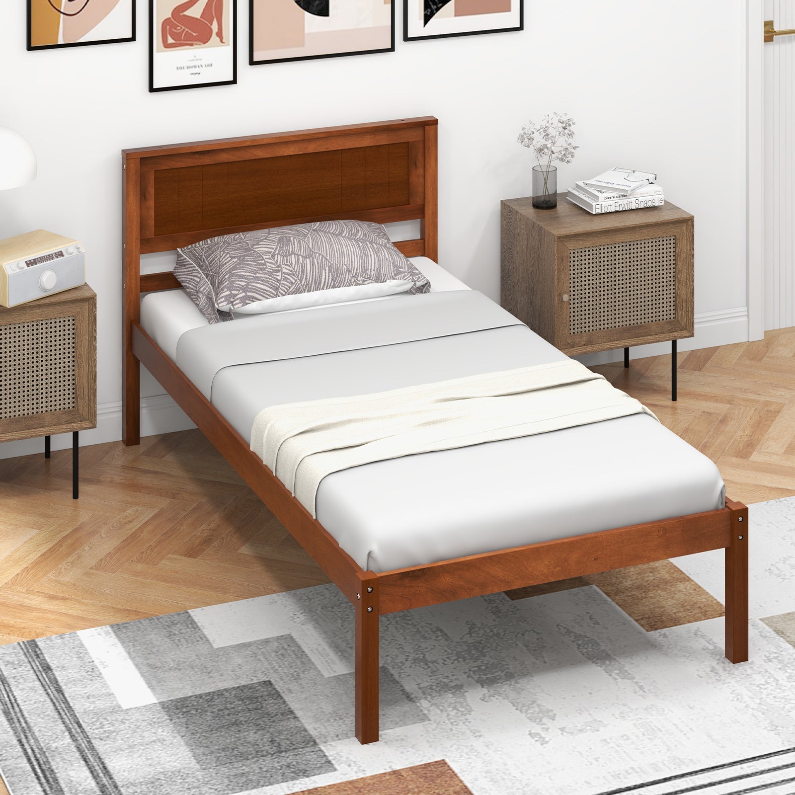 Twin Size Bed Frame with Wooden Headboard and Slat Support