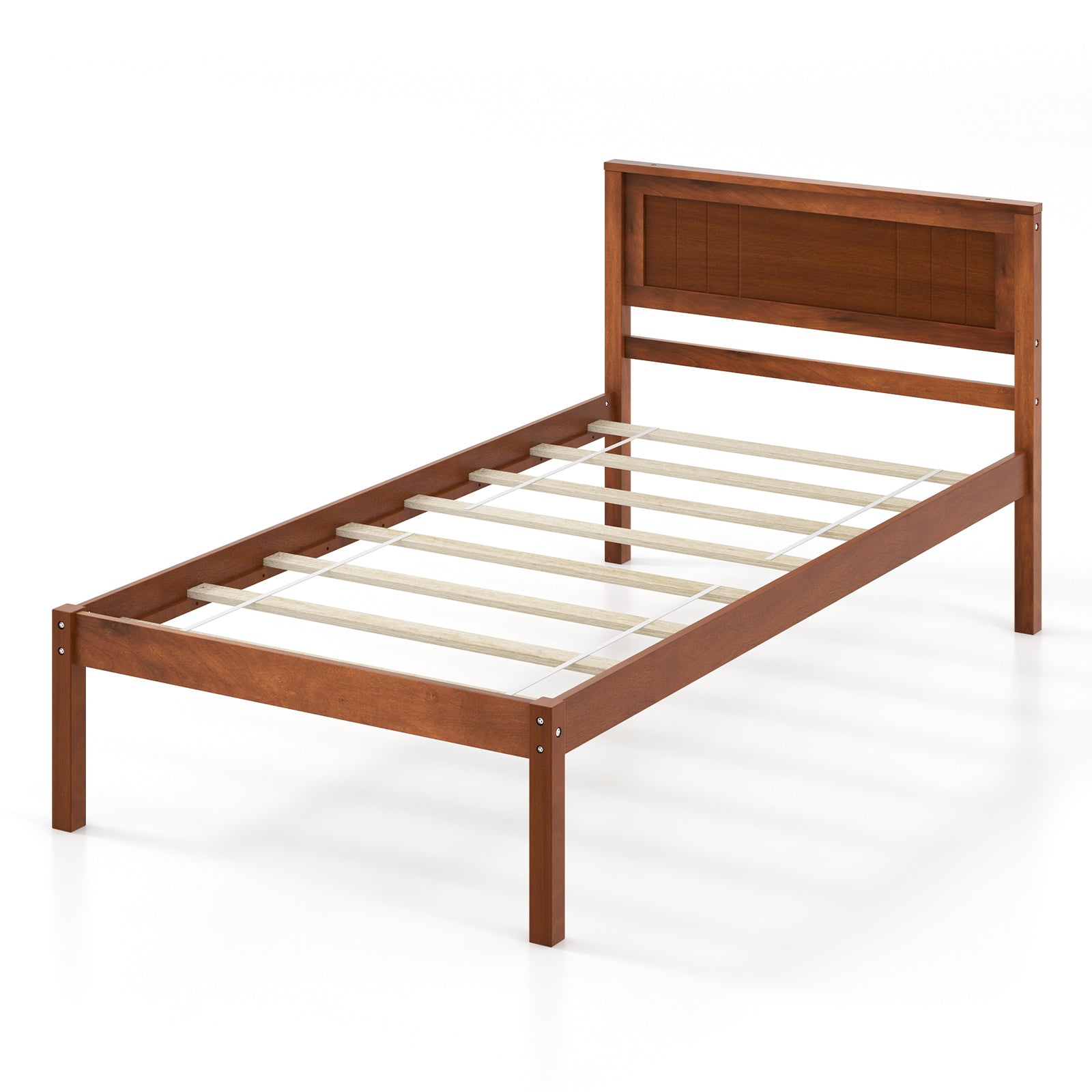 Twin Size Bed Frame with Wooden Headboard and Slat Support