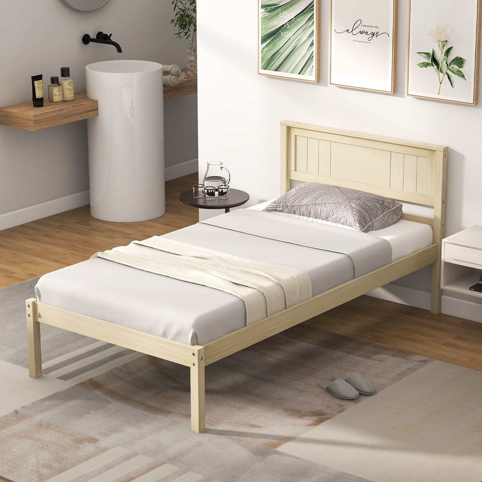 Twin Size Wooden Bed Frame with Headboard and Slat Support