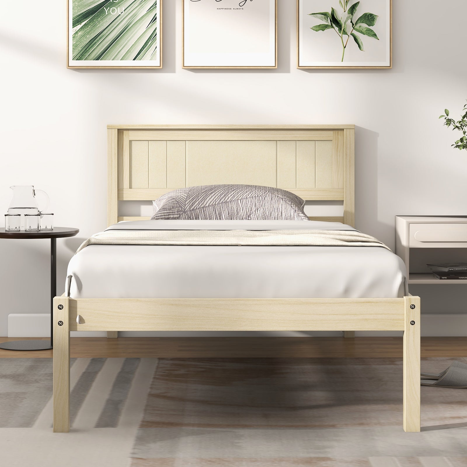 Twin Size Wooden Bed Frame with Headboard and Slat Support
