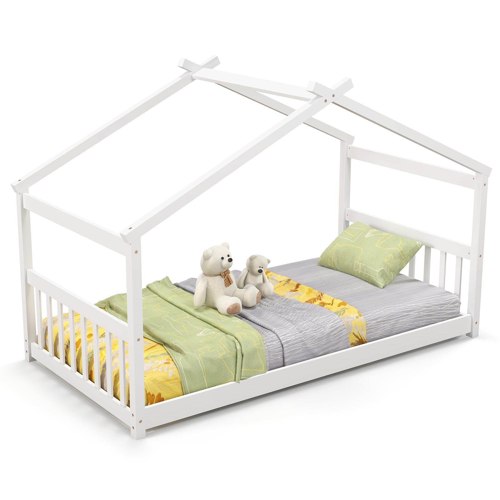 SUGIFT Twin Size Wooden House Bed with Roof