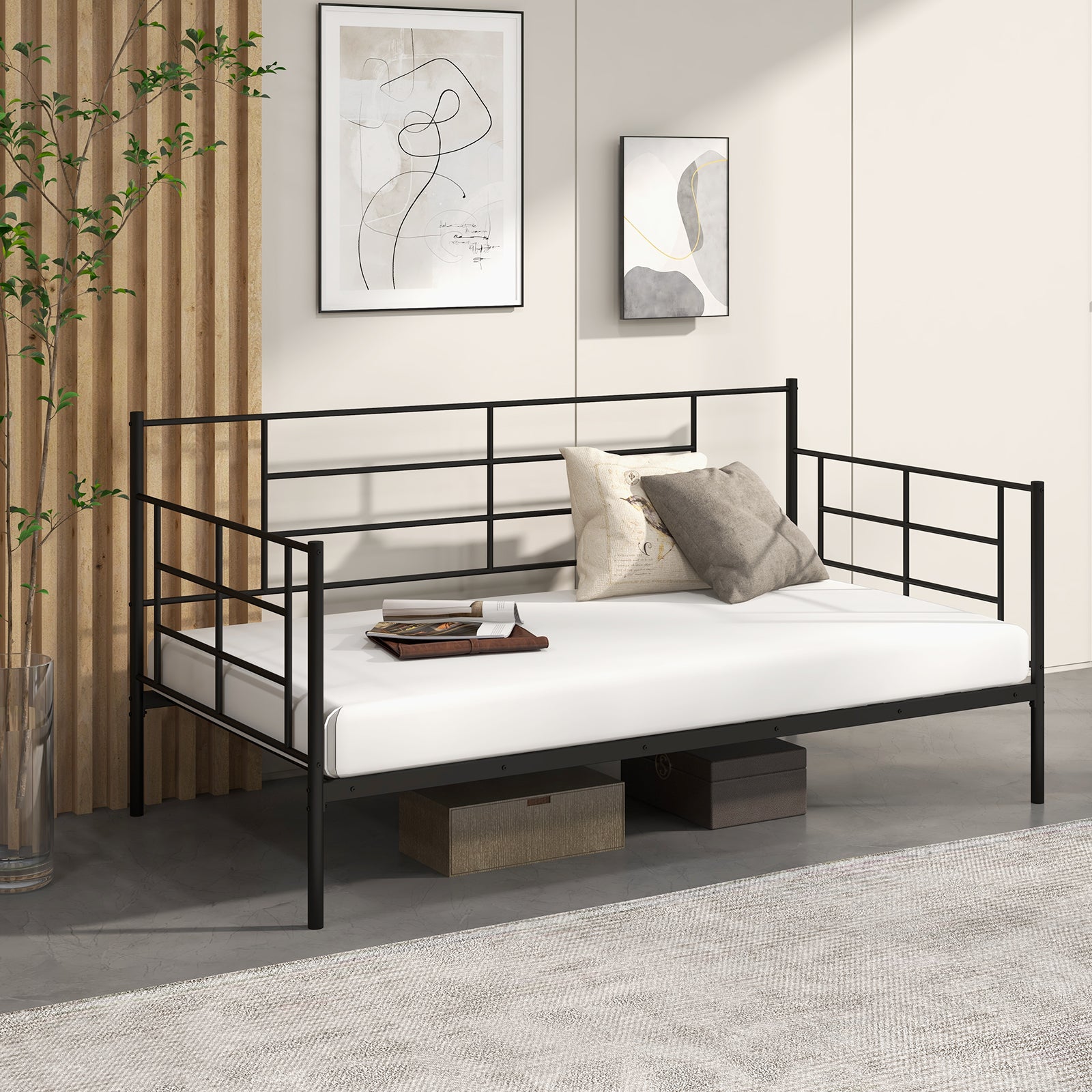 SUGIFT Twin Size Metal Daybed Sofa Bed Frame with Armrests and Backrest