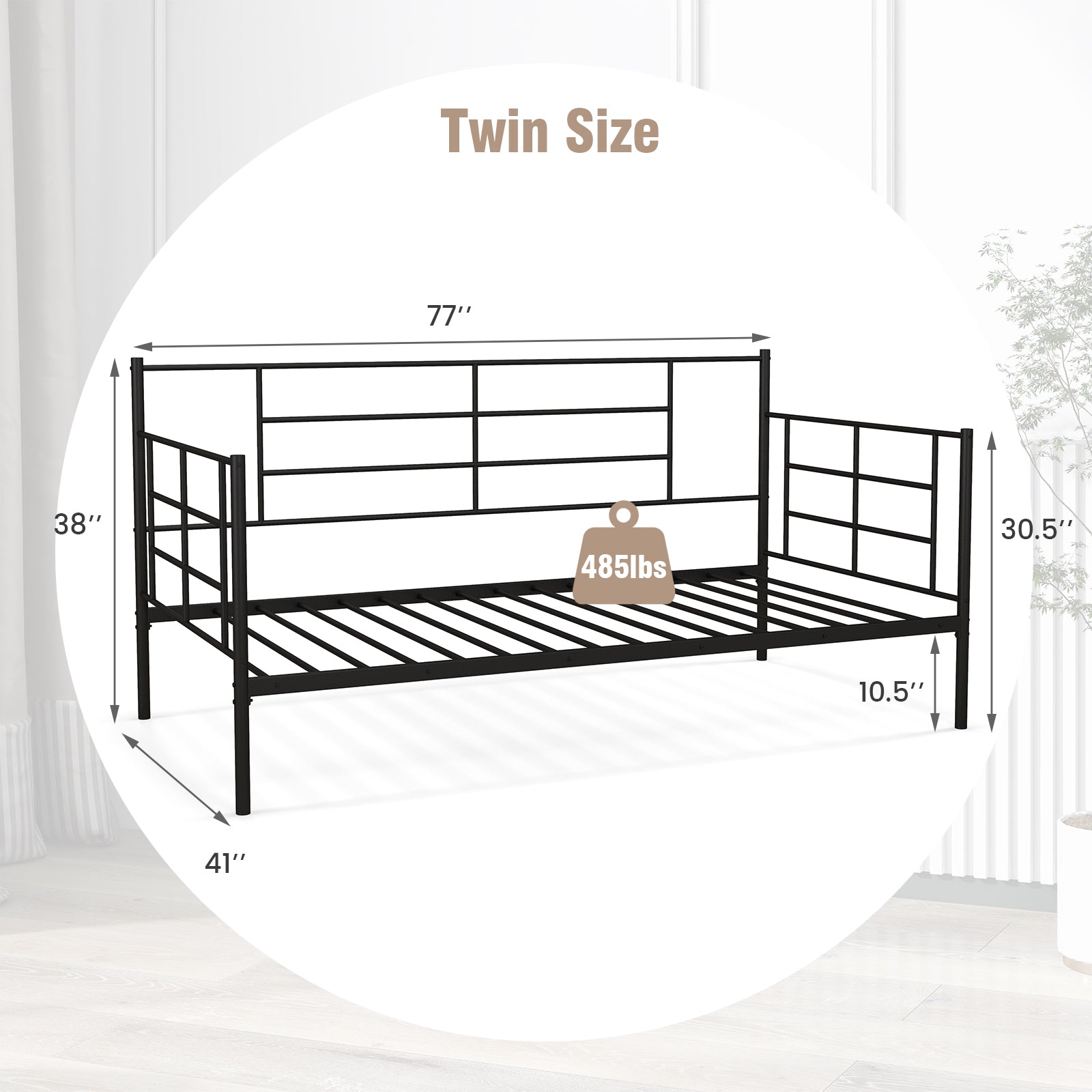 SUGIFT Twin Size Metal Daybed Sofa Bed Frame with Armrests and Backrest