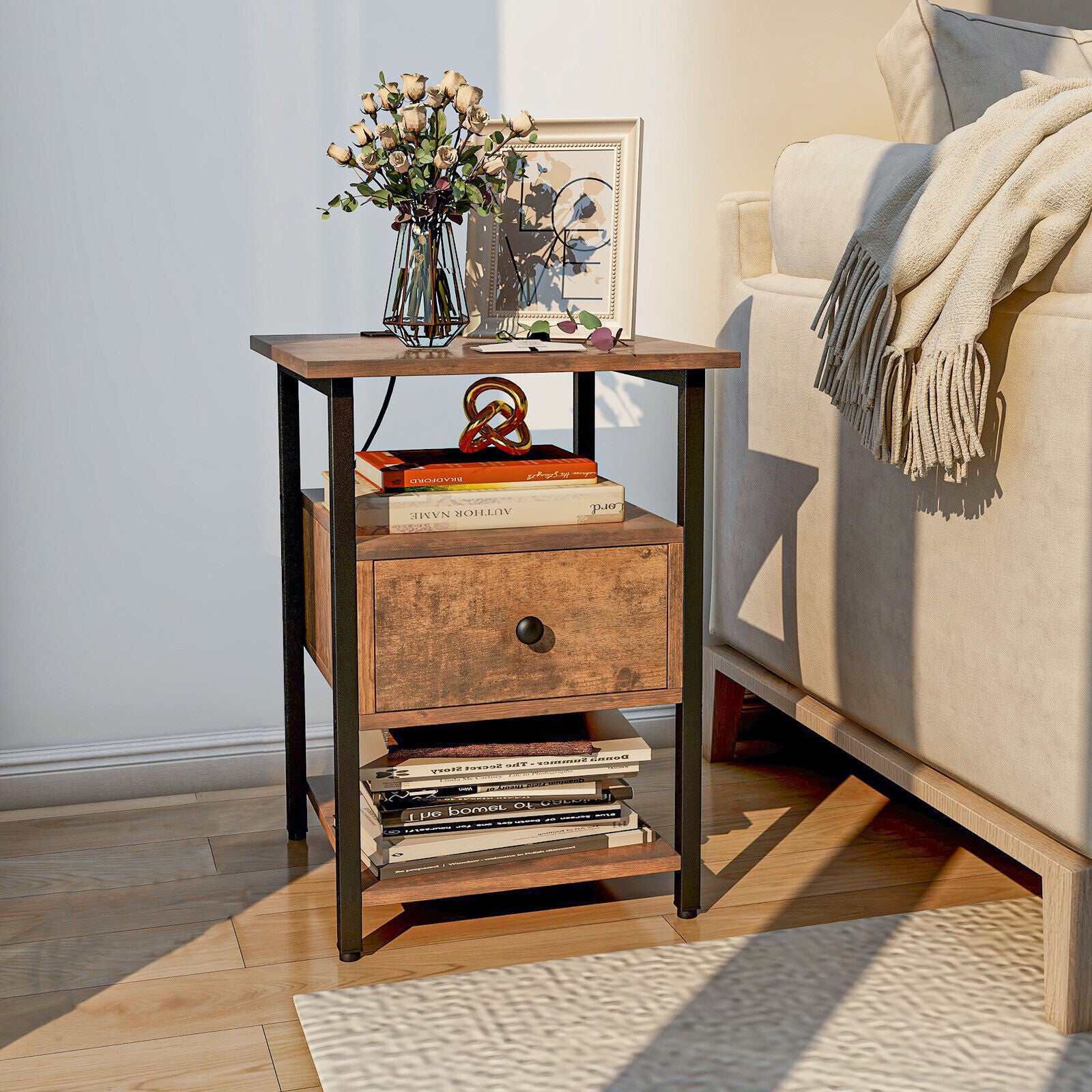 SUGIFT 3-Tier Nightstand with Charging Station and Drawer
