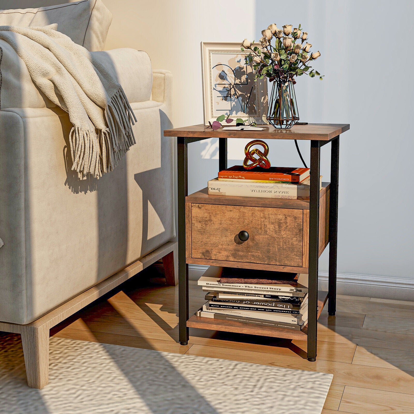 SUGIFT 2 Pieces 3-Tier Nightstand with Charging Station and Drawer