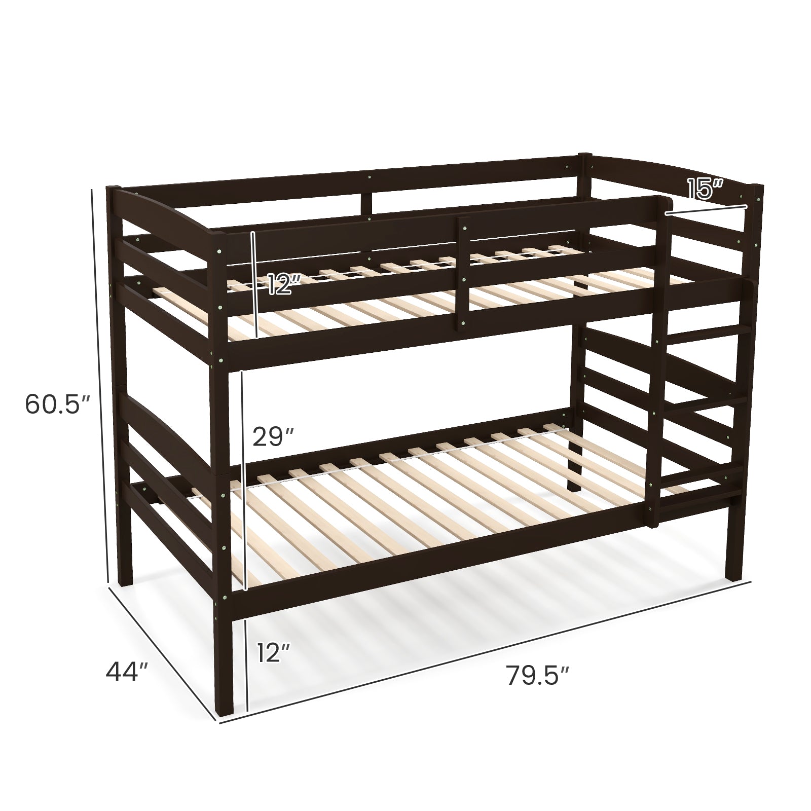 SUGIFT Solid Wood Twin Over Twin Bunk Bed Frame with High Guardrails and Integrated Ladder