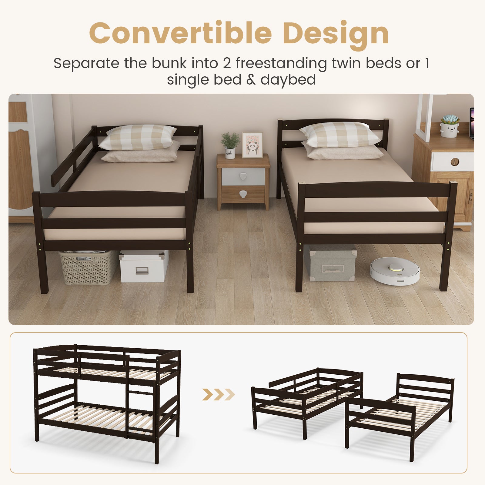 SUGIFT Solid Wood Twin Over Twin Bunk Bed Frame with High Guardrails and Integrated Ladder