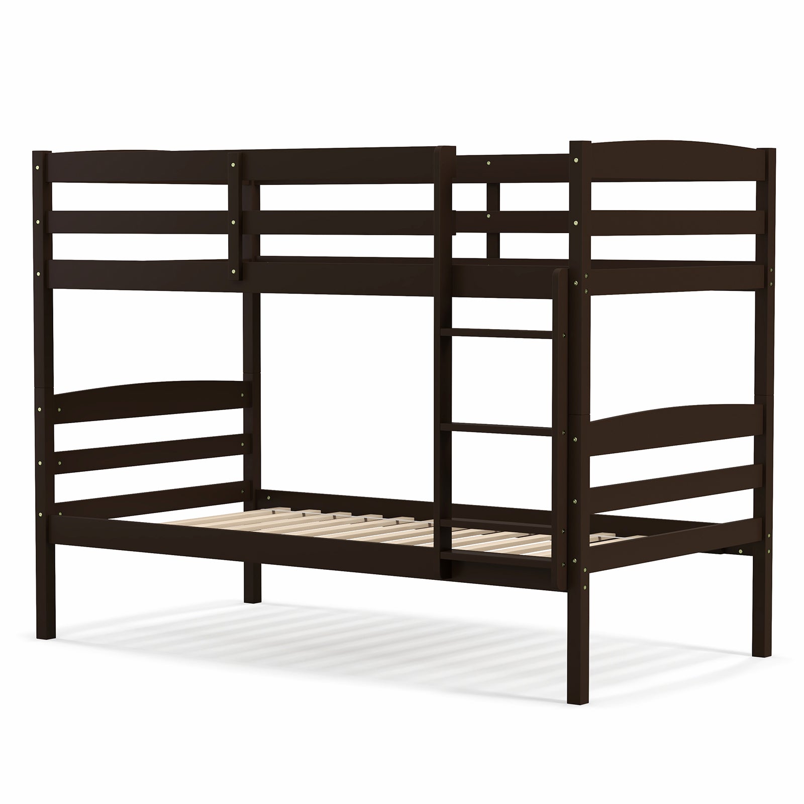 SUGIFT Solid Wood Twin Over Twin Bunk Bed Frame with High Guardrails and Integrated Ladder