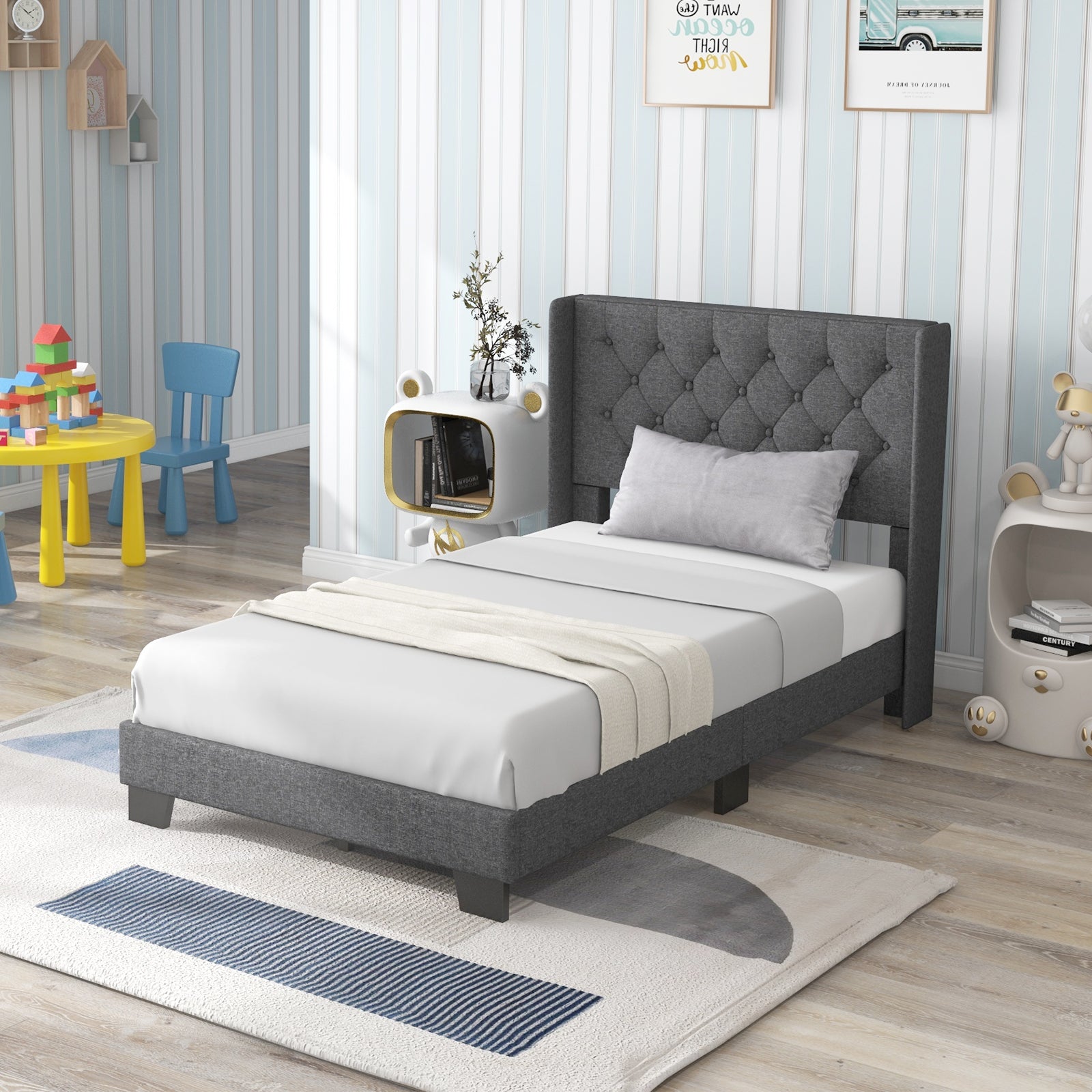 Twin/Full/Queen Size Modern Fabric Upholstered Platform Bed with Button Tufted Headboard